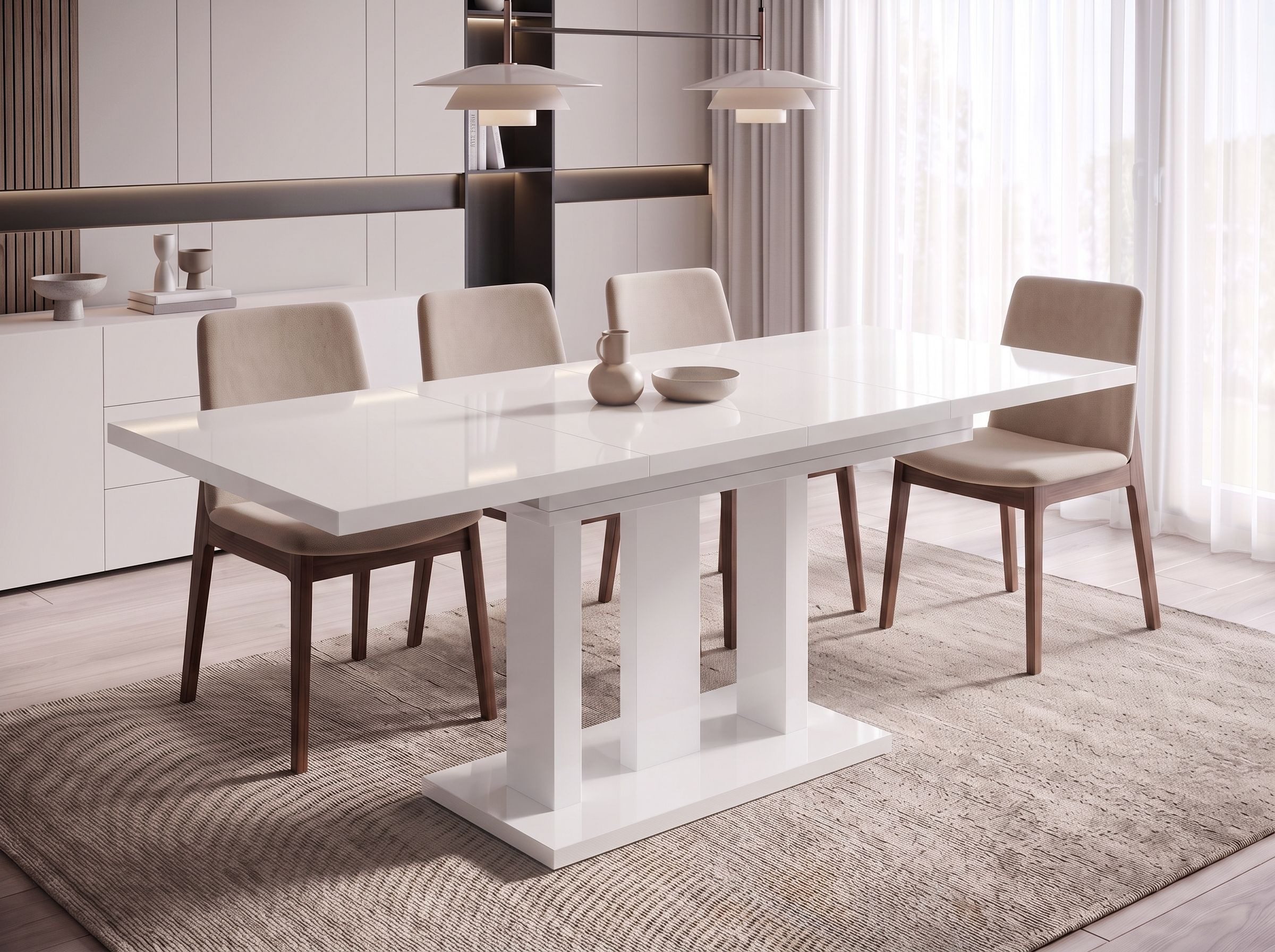 Endo-Moebel Säulen-Esstisch "Appia White" 130-210cm ausziehbar, erweiterbar, modern (1 Tisch), 2 Erweiterungsplatten, für 4, 6 oder 8 Personen, weiße Beine