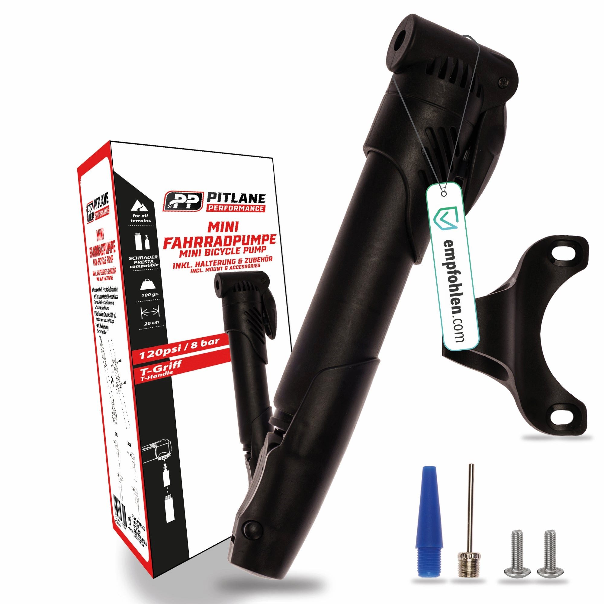 Pitlane Performance Fahrradpumpe Fahrrad-Handpumpe Luftpumpe inkl. Halterung + Zubehör Basic Schwarz 20, Universal Mini Bike Pump inkl. Montage-Set & Ballnadel