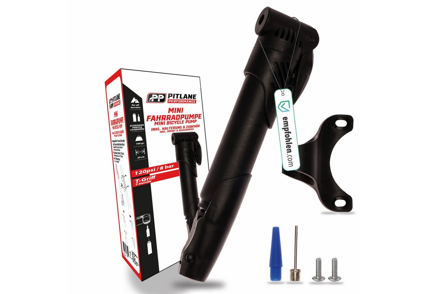 Pitlane Performance Fahrradpumpe Fahrrad-Handpumpe Luftpumpe inkl. Halterung + Zubehör Basic Schwarz 20, Universal Mini Bike Pump inkl. Montage-Set & Ballnadel