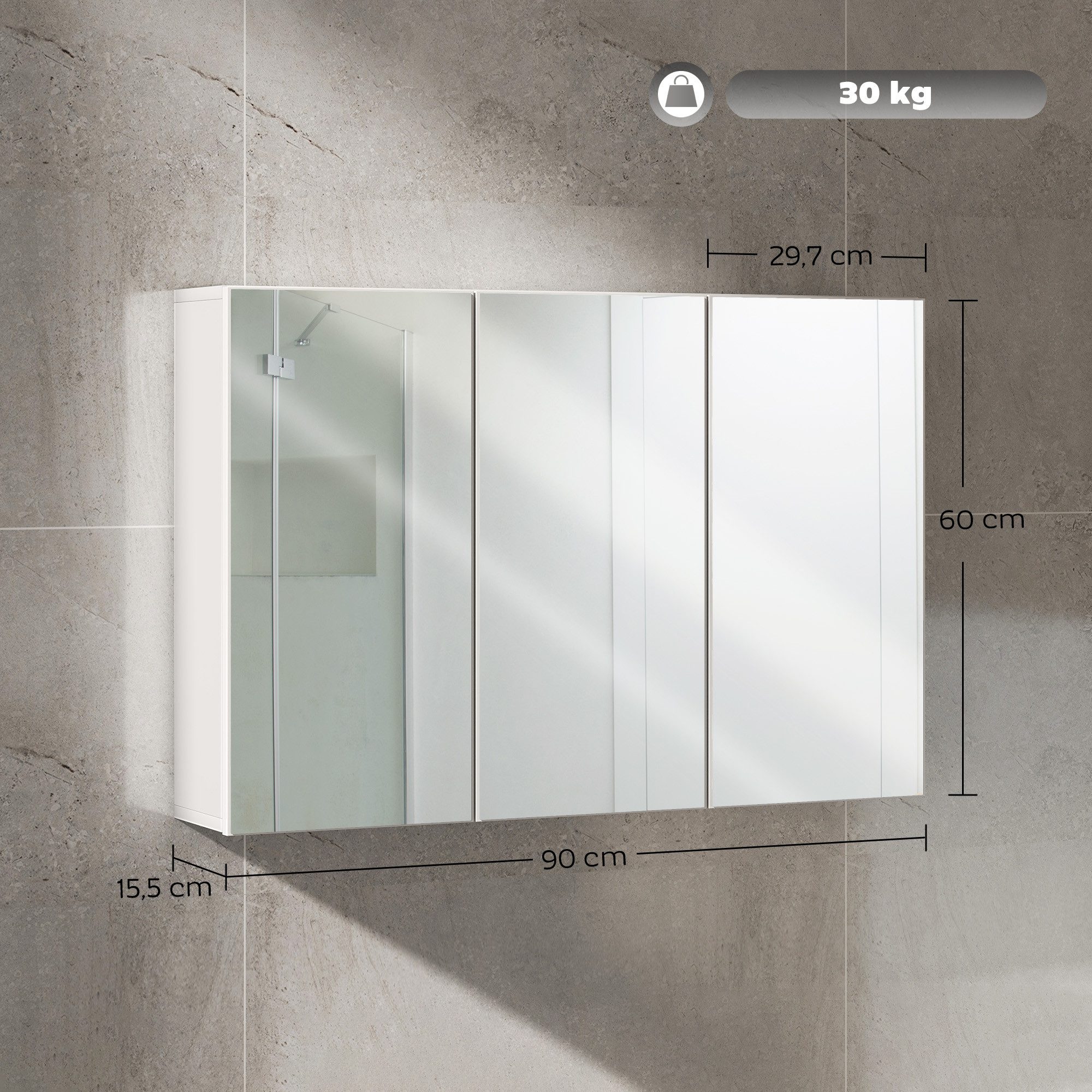 HOMCOM Spiegelschrank mit 3 Spielgeltüren, 5 Regale, (Badschrank, 1-St., Badezimmerschrank) für Badezimmer, Weiß, 90 x 15,5 x 60 cm