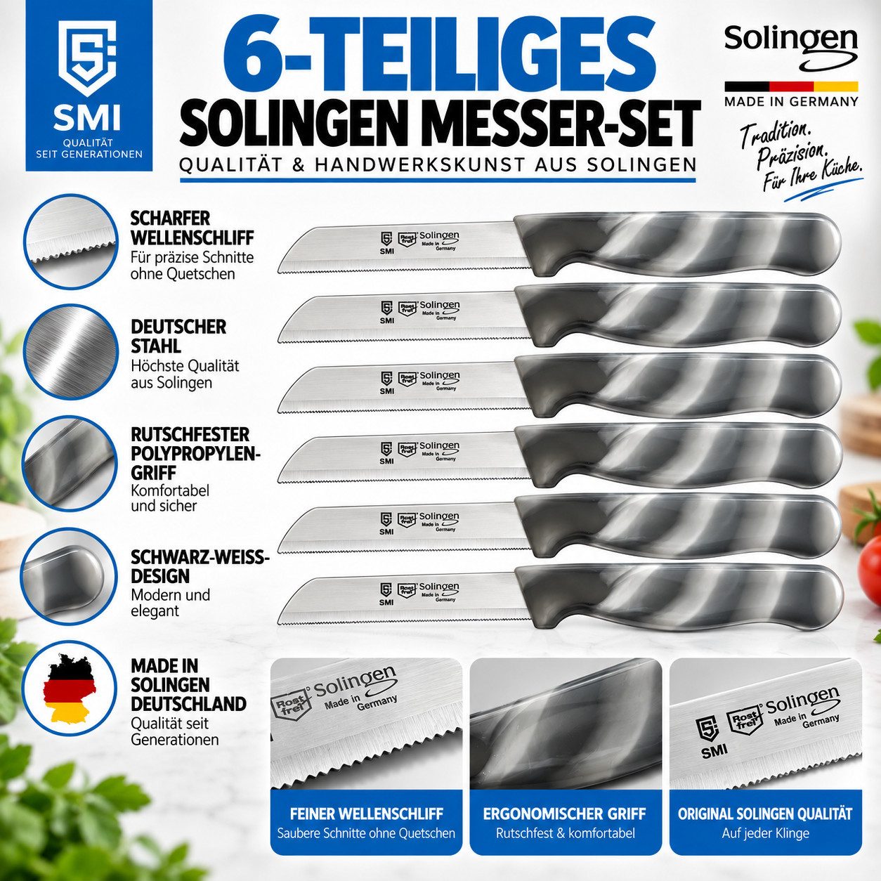 SMI Obstmesser Solingen 6 Stück Schälmesser Wellenschliff Küchenmesser Gemüsemesser – Bild 3 von 5