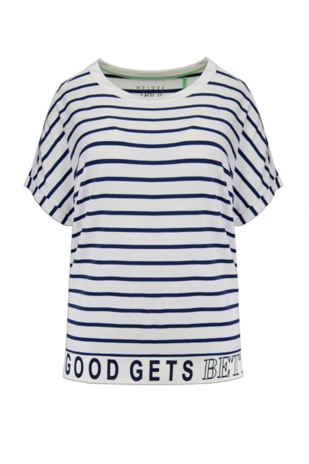 XOX T-Shirt überschnitten, Fair - gestreift, kurzarm XOX Ausschnitt U-Boot Shirt T-Shirt Damenmode, weiß-blau Trade