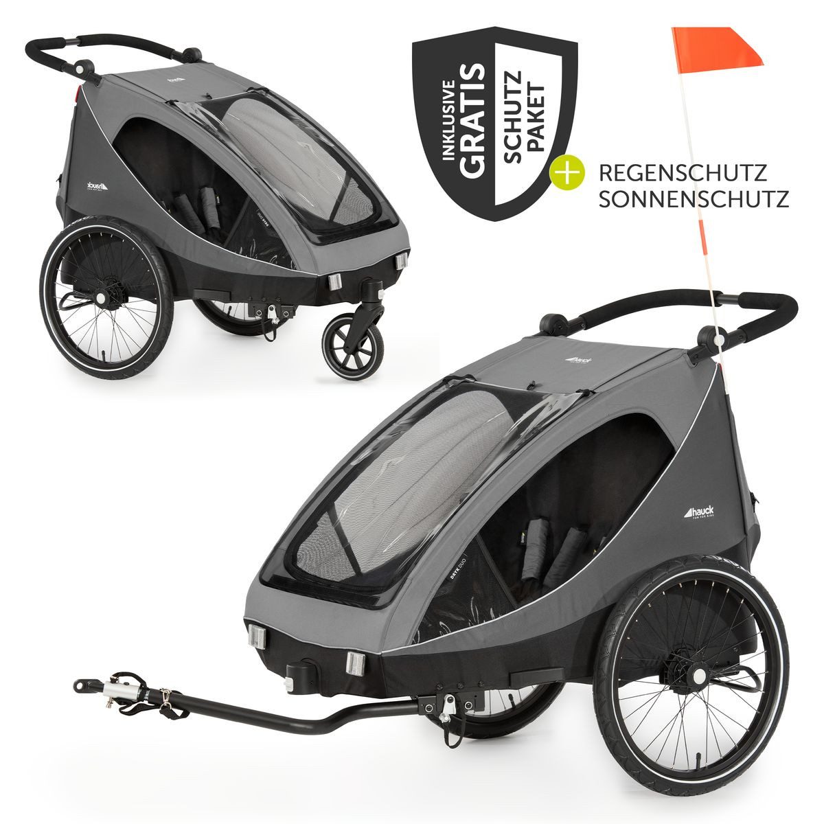 Hauck Fahrradkinderanhänger Dryk Duo - Grey, Fahrradanhänger Buggy für 2 Kinder mit Regen-und Sonnenschutz