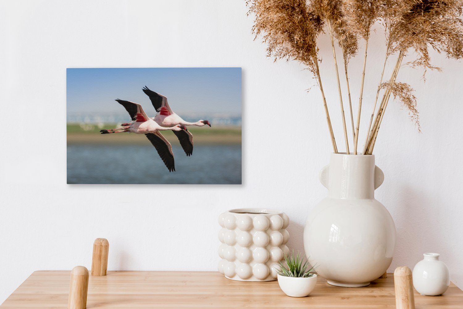 Aufhängefertig, Flamingos cm Leinwandbild Wandbild im Leinwandbilder, 30x20 fliegen Gleichtakt, Zwei St), Wanddeko, OneMillionCanvasses® (1