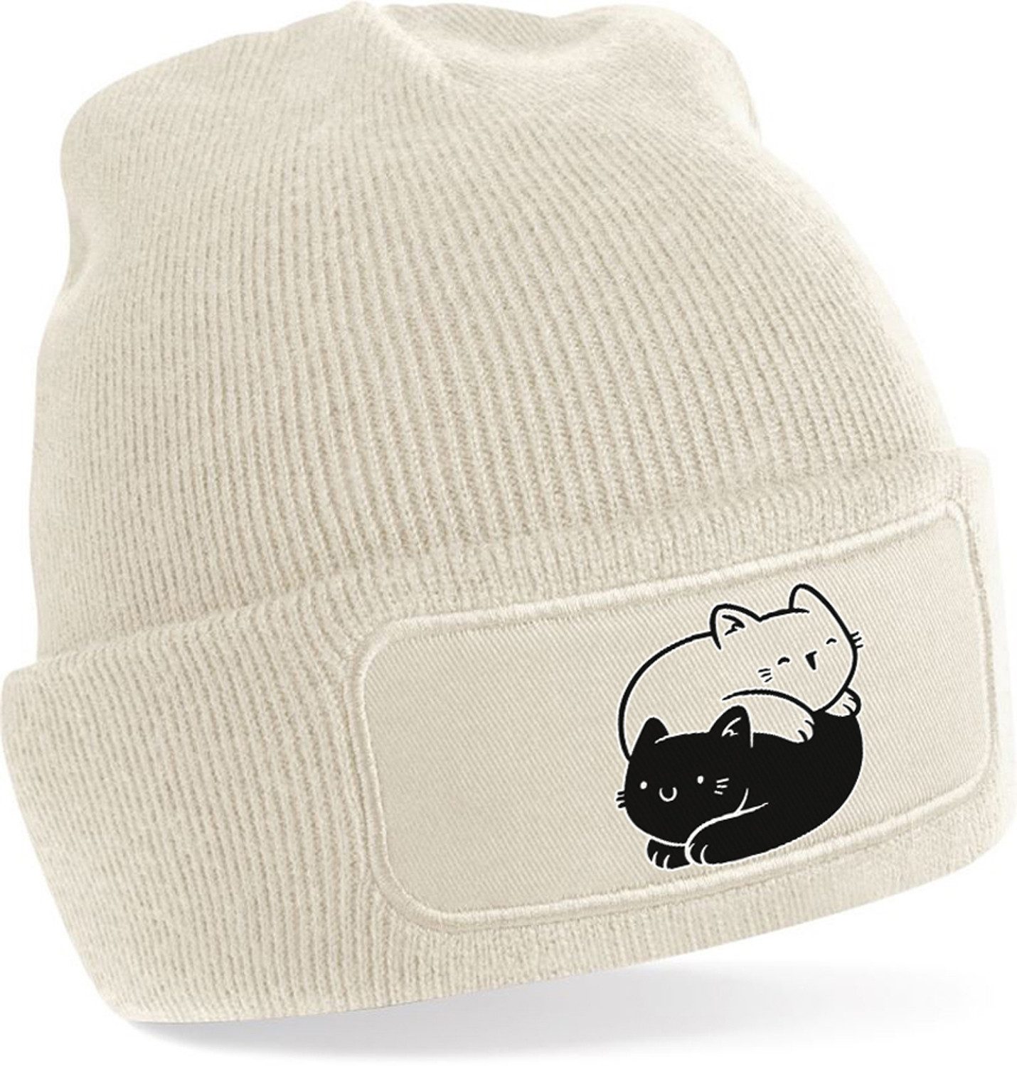 Strickmütze für kalte Tage - Beanie mit Umschlag und YinYang Katzen Print
