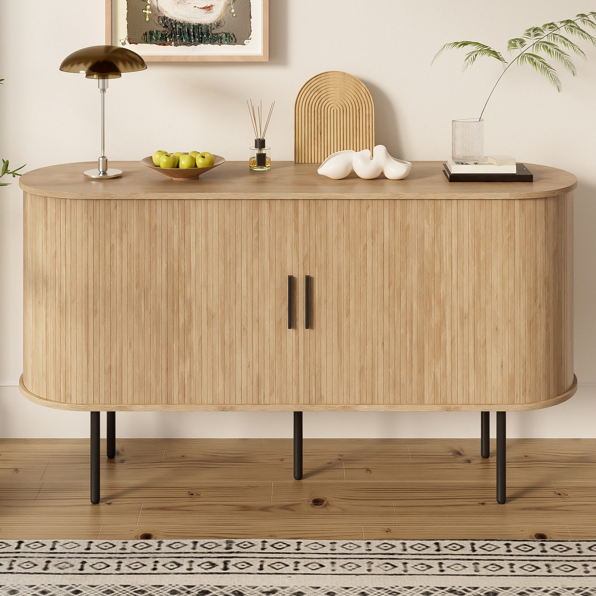 REDOM Sideboard Anrichte Esszimmerschrank (Kommode, Buffetschrank, 1 St., Aluminiumgriffen, Eisenbeinen), mit innovativer Rolltür, großem Stauraum und stabilen Eisenbeinen