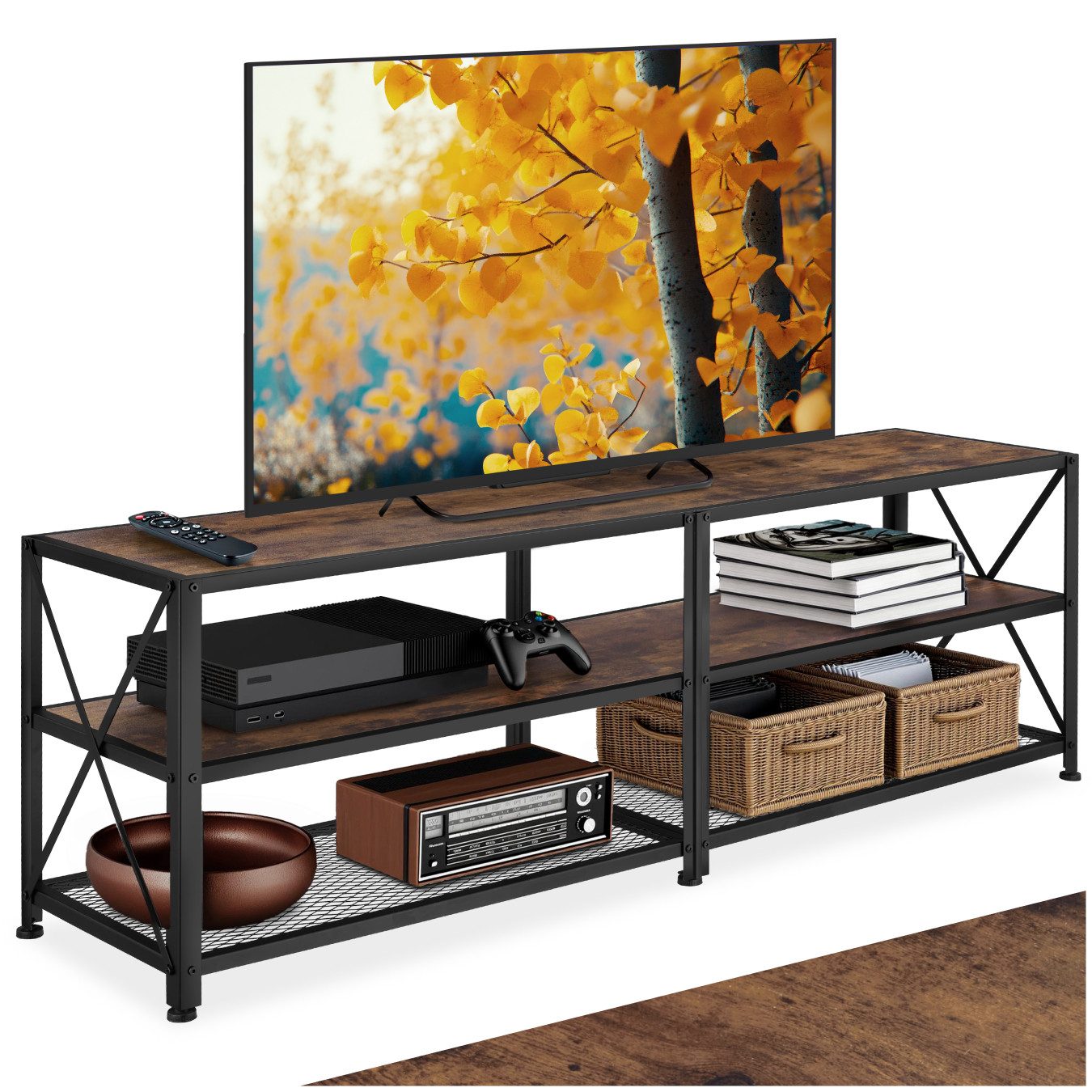 tectake Lowboard TV-Schrank, 161 x 41,5 x 50,5 cm, Industrial Style, Holz und Stahl (Fernsehboard Indianapolis, in Industrial Holz dunkel, rustikal), 3 offene Etagen, seitliche X-Streben, höhenverstellbare Kunststofffüße