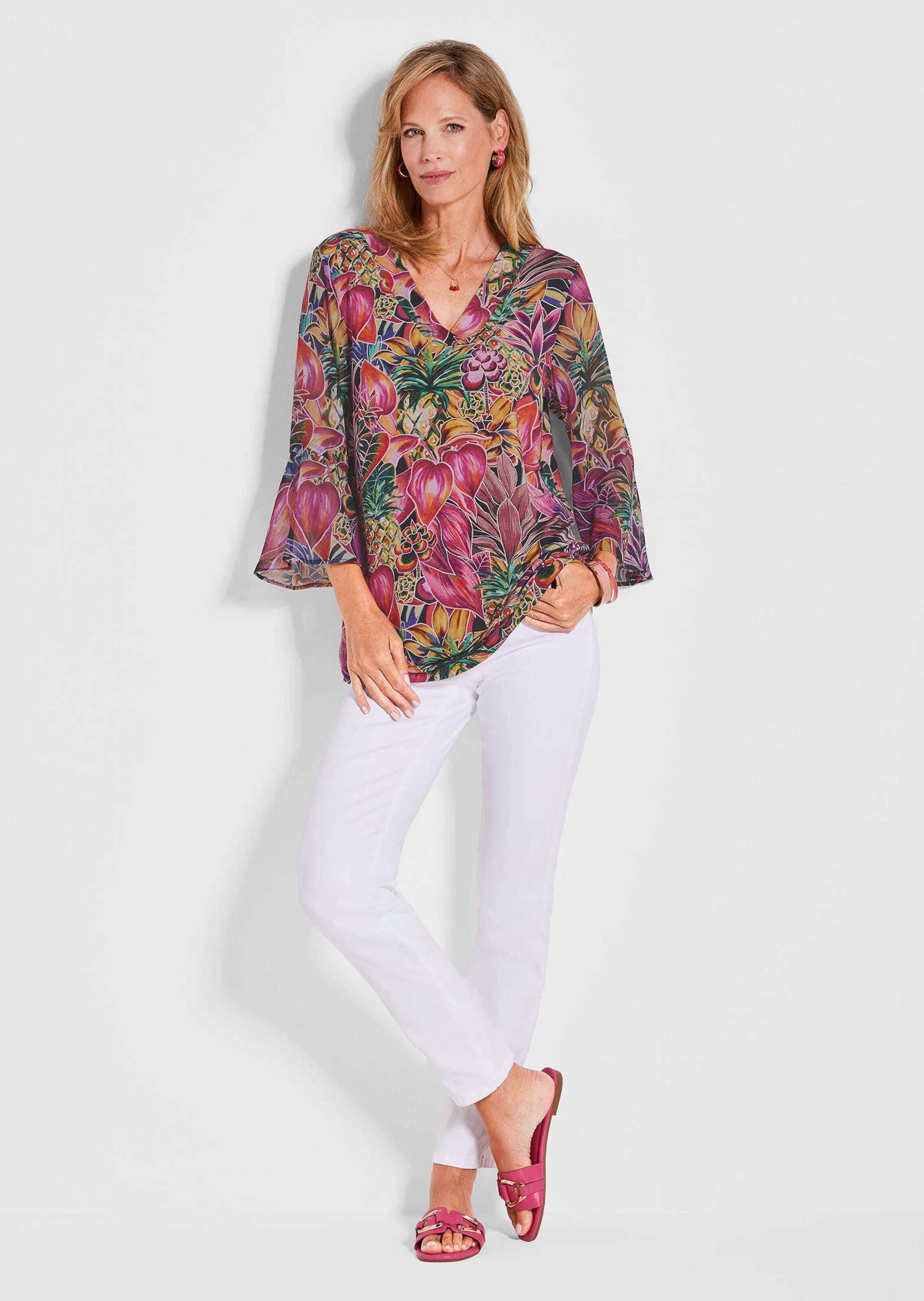 GOLDNER Schlupfbluse Kurzgröße: Bunte Tunika mit floralem Print Halbarmshir günstig online kaufen