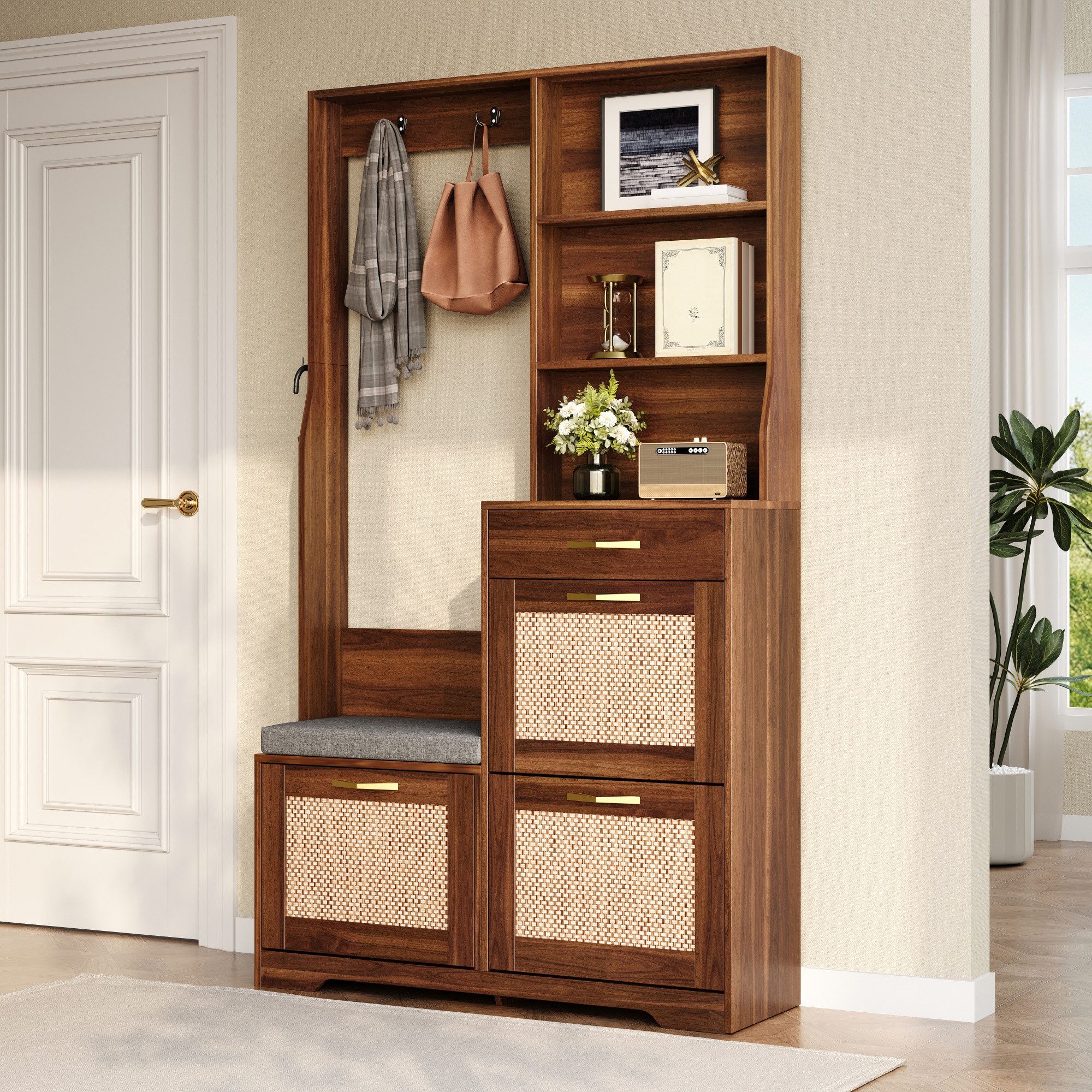 STILVORA Highboard Garderobenschrank mit Sitzbank Schuhschrank mit Schubladen (Flurgarderobe mitSchuhklappen, Rattan-Optik, Haken, offenen Regalen, Holzdekor), für Wohnzimmer, Flur und Schlafzimmer