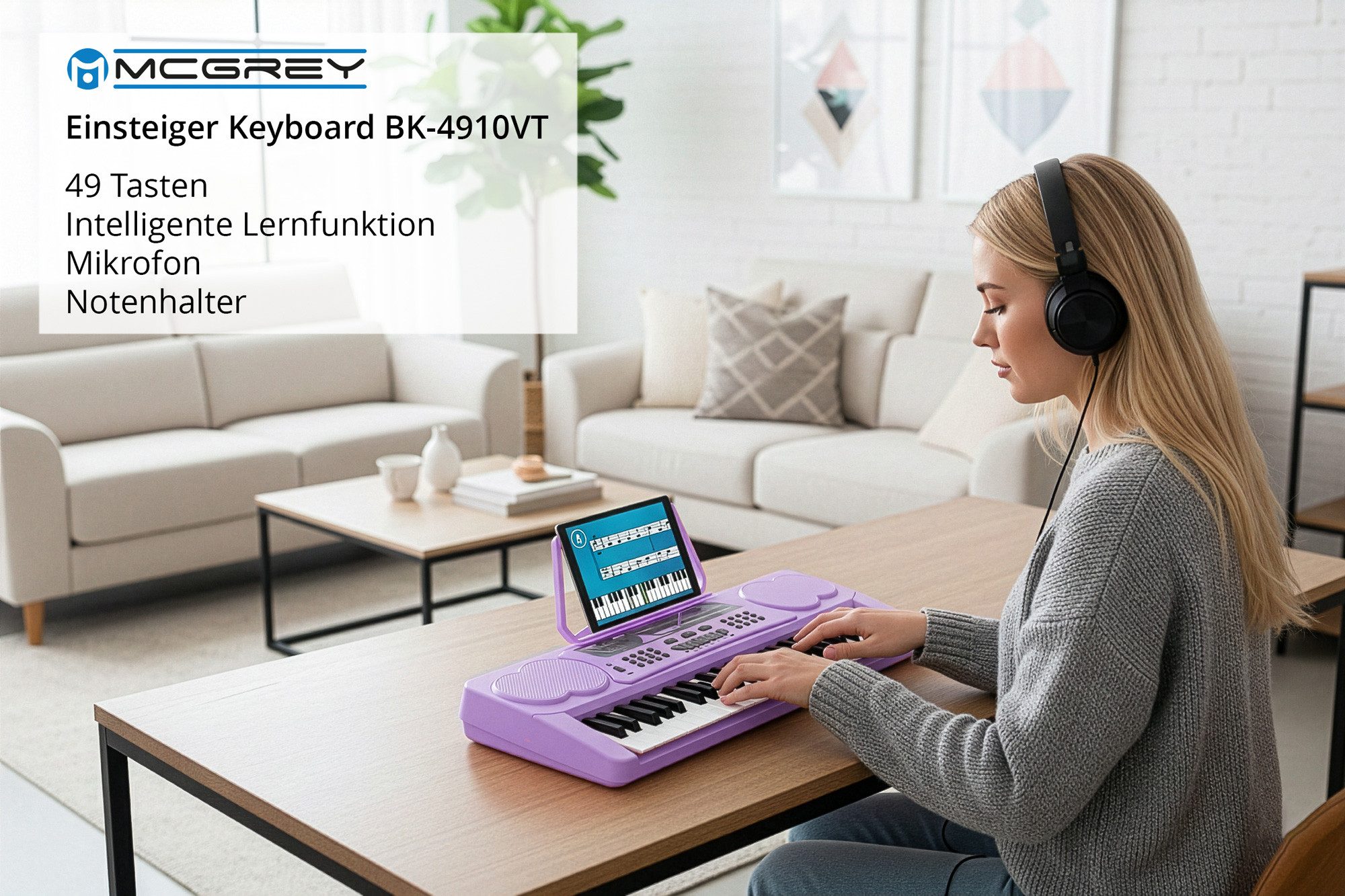 McGrey Home-Keyboard BK-4910 Einsteigerkeyboard mit 49 Tasten und Keyboardschule (Schule-Set, 2-St., inkl. Mikrofon, Notenständer & Schule), mit 16 Sounds, 10 Rhythmen und Lernfunktion