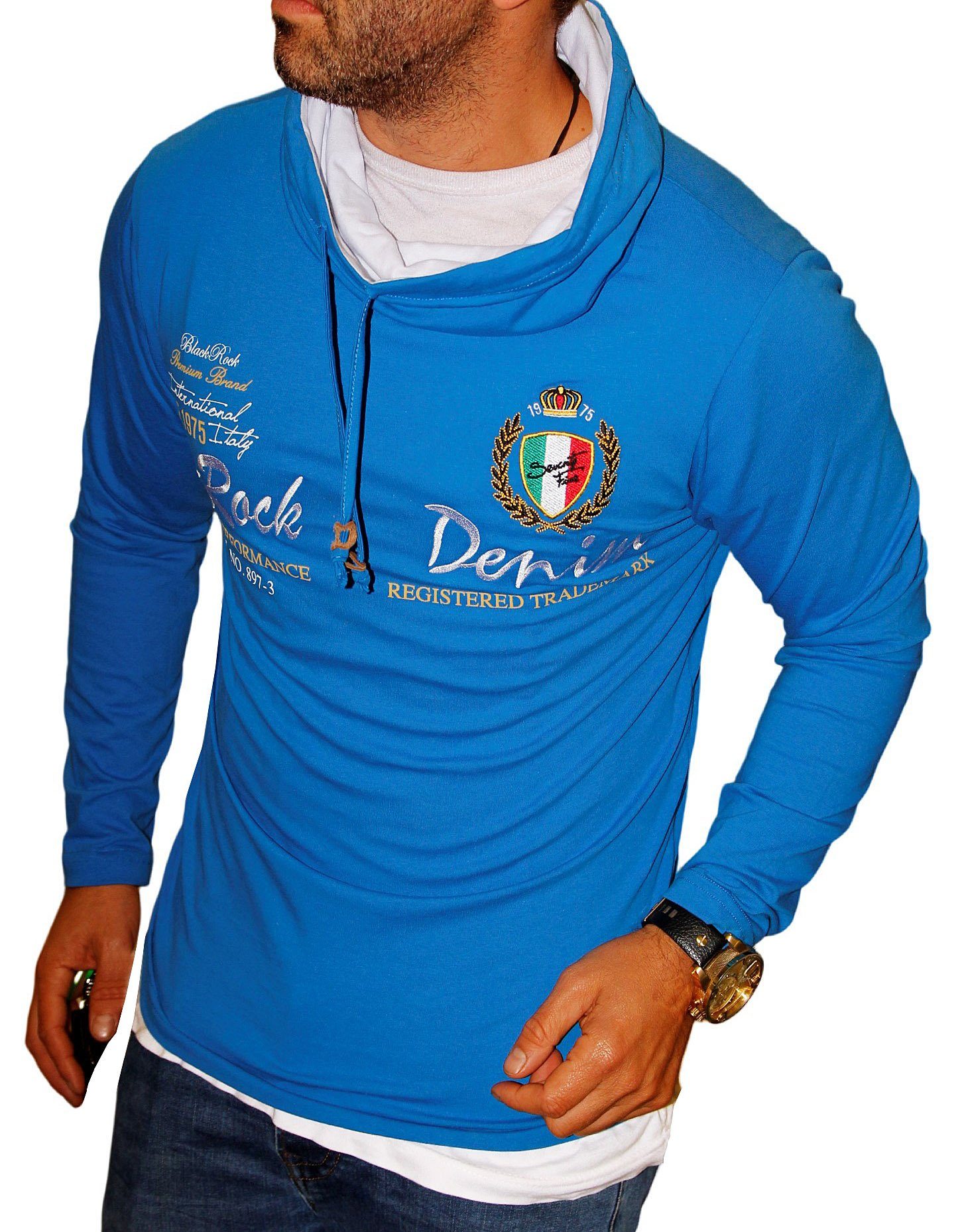 BLACKROCK Langarmshirt Herren Henleyshirt Longsleeve mit Kapuzenkragen Sweatshirt Blau | Shirts