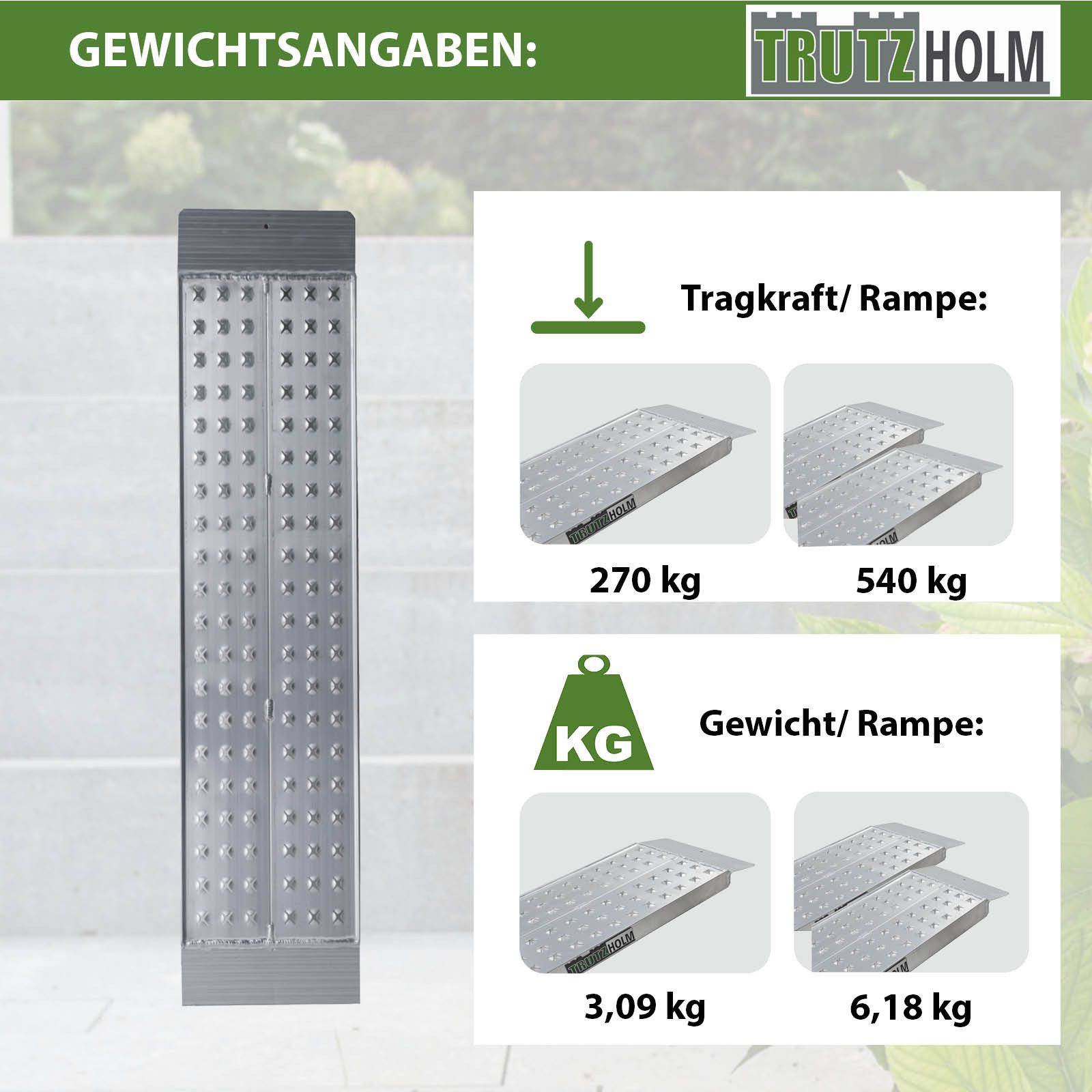TRUTZHOLM Auffahrrampe 100x28 cm 270 kg Alu gelocht Verladerampe mit Sicherungsbolzen (Artikel, 1-St), profilierte Oberfläche