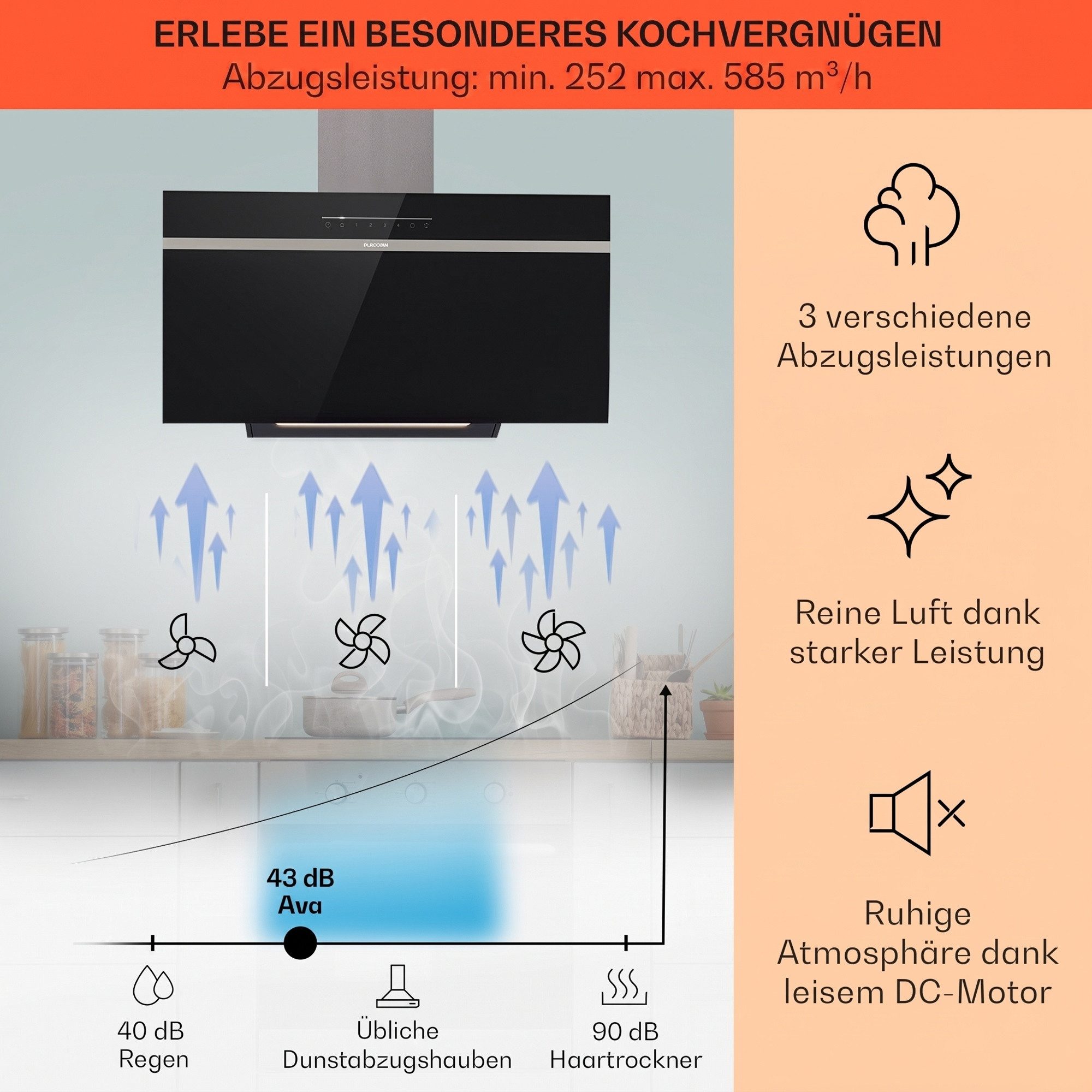 Klarstein Deckenhaube Ava Serie Kopffreihaube 90 cm Smart WiFi A++ Touch LED Abzugshaube kopffrei Abluft Umluft Wandhaube mit App & Booster – Bild 3 von 5