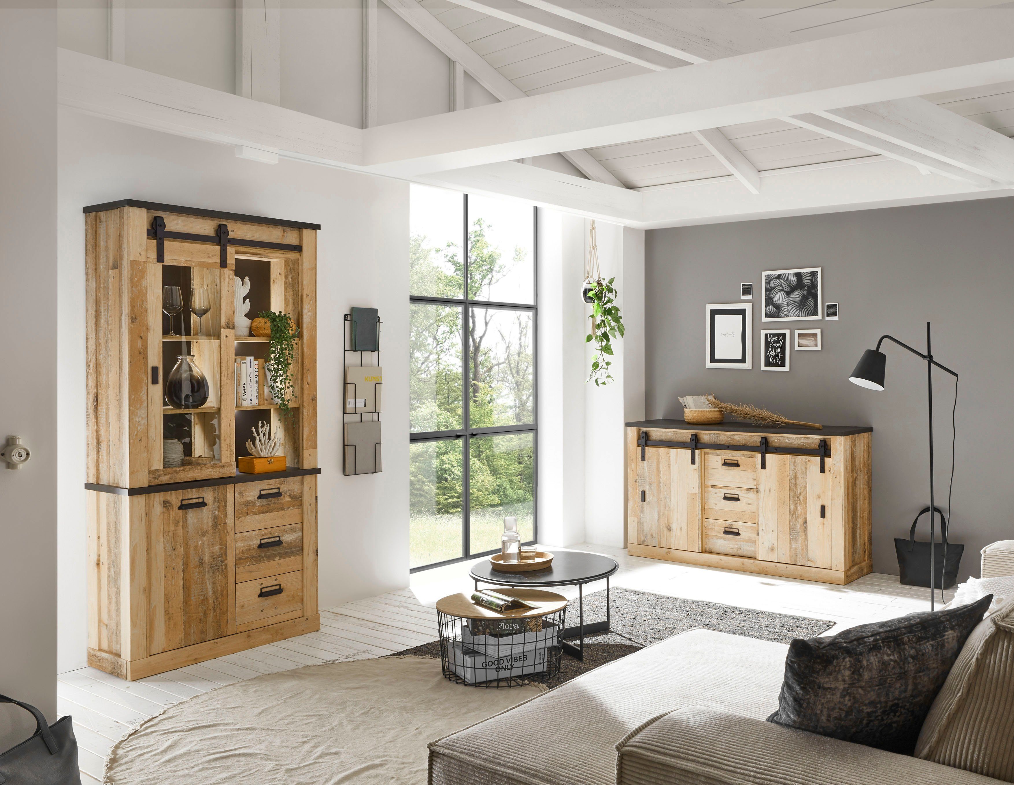 Home affaire Wohnwand SHERWOOD, (2-St), Scheunentorbeschlag und Apothekergriffe aus Metall, Höhe 201 cm