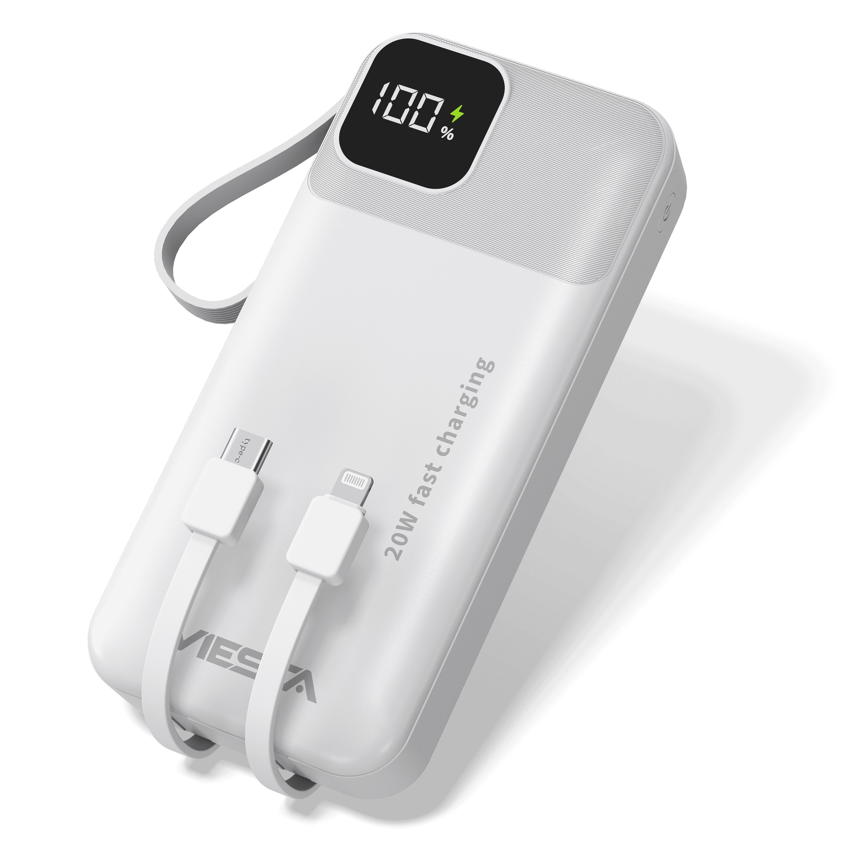 VIESTA Powerbank 20.000 mAh Weiß 22,5 W Powerbank, Lightning LCD-Display Prozentanzeige LED-Taschenlampe Trageschlaufe