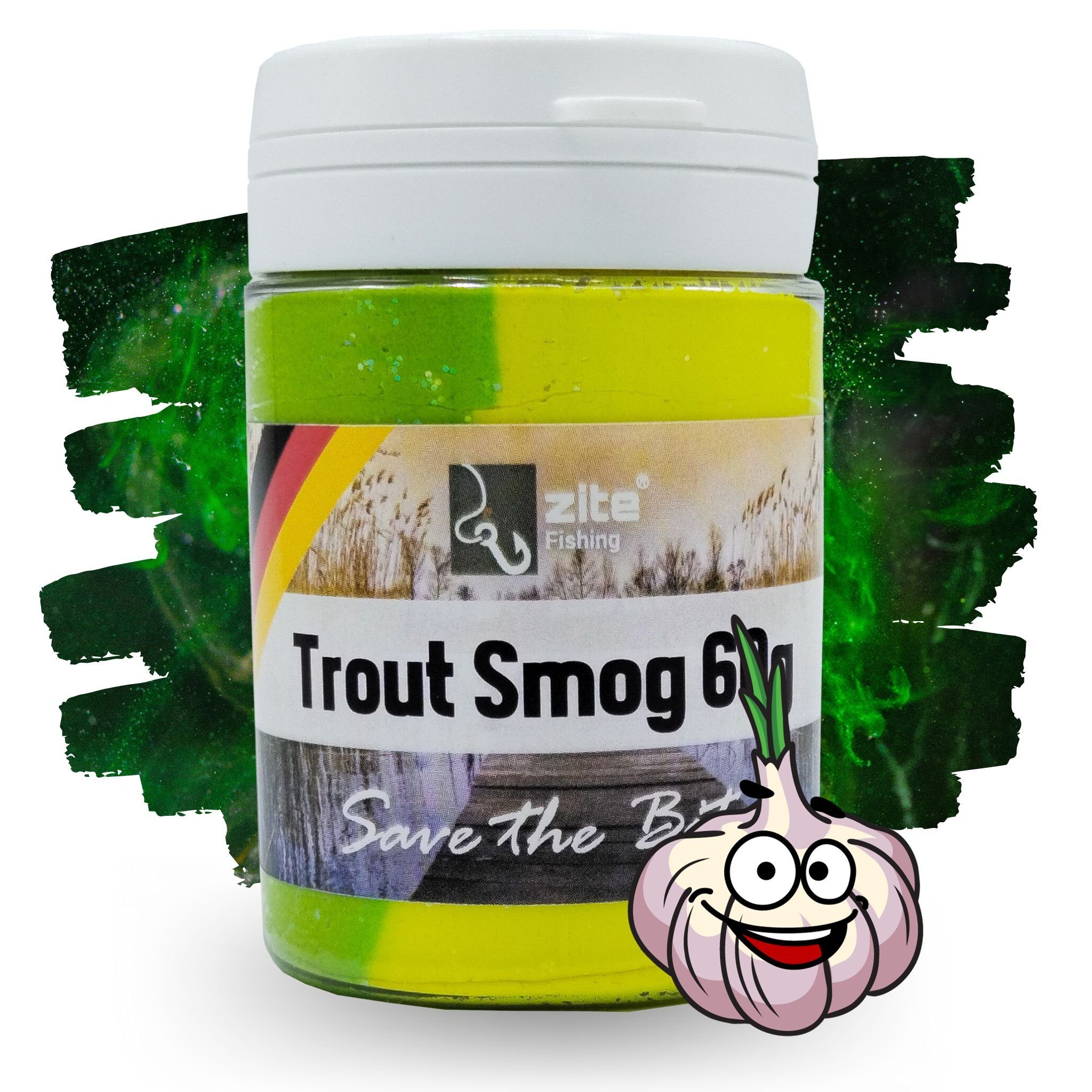 Zite Kunstköder Trout Smog 60g Knoblauch-Aroma - Forellenteig mit Farb- & Duft-Wolke Gelb/Grün