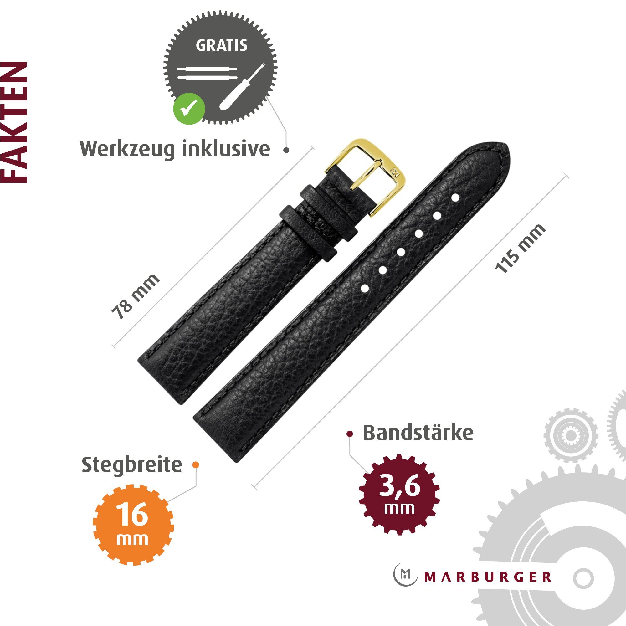 MARBURGER Uhrenarmband 16mm Leder Buffalo Prägung