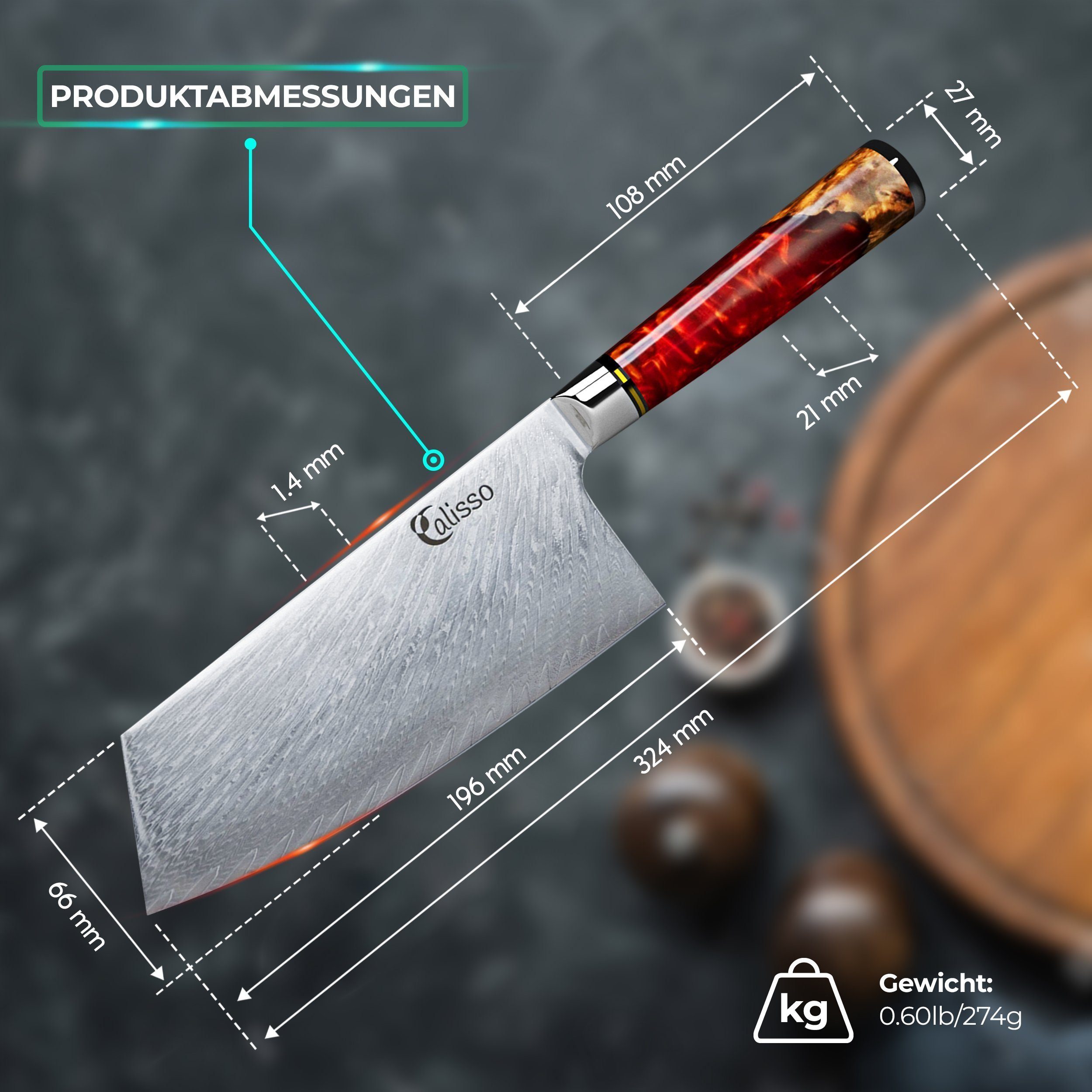Calisso Hackmesser Ruby Line Chai Dao Chinesisches Küchenmesser, Damaskus Stahl
