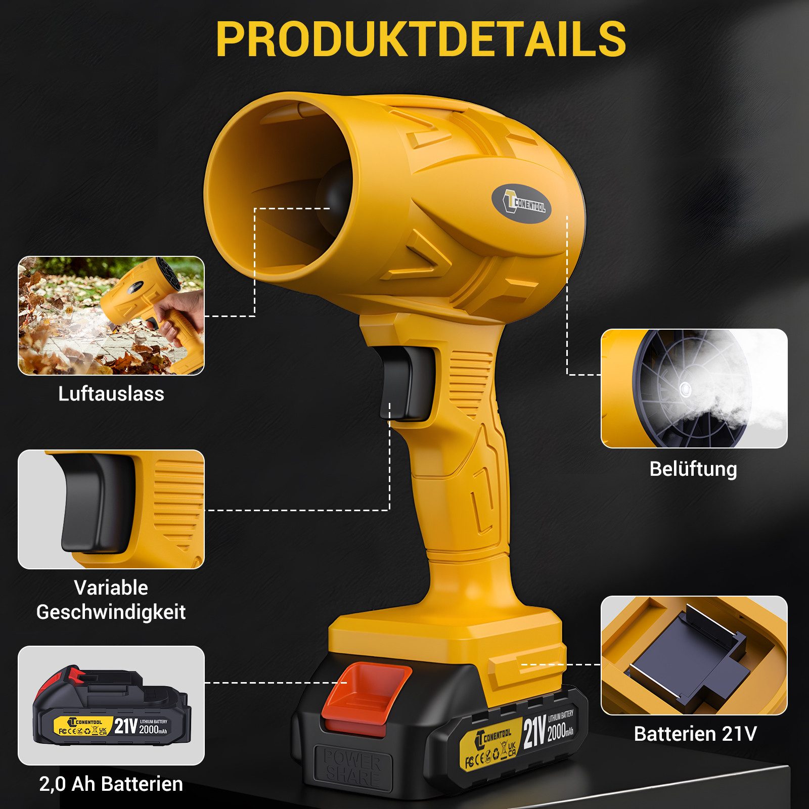 CONENTOOL Akku-Laubbläser Turbo Gebläse, mit 2.0Ah Akkus, Elektrische Staub günstig online kaufen