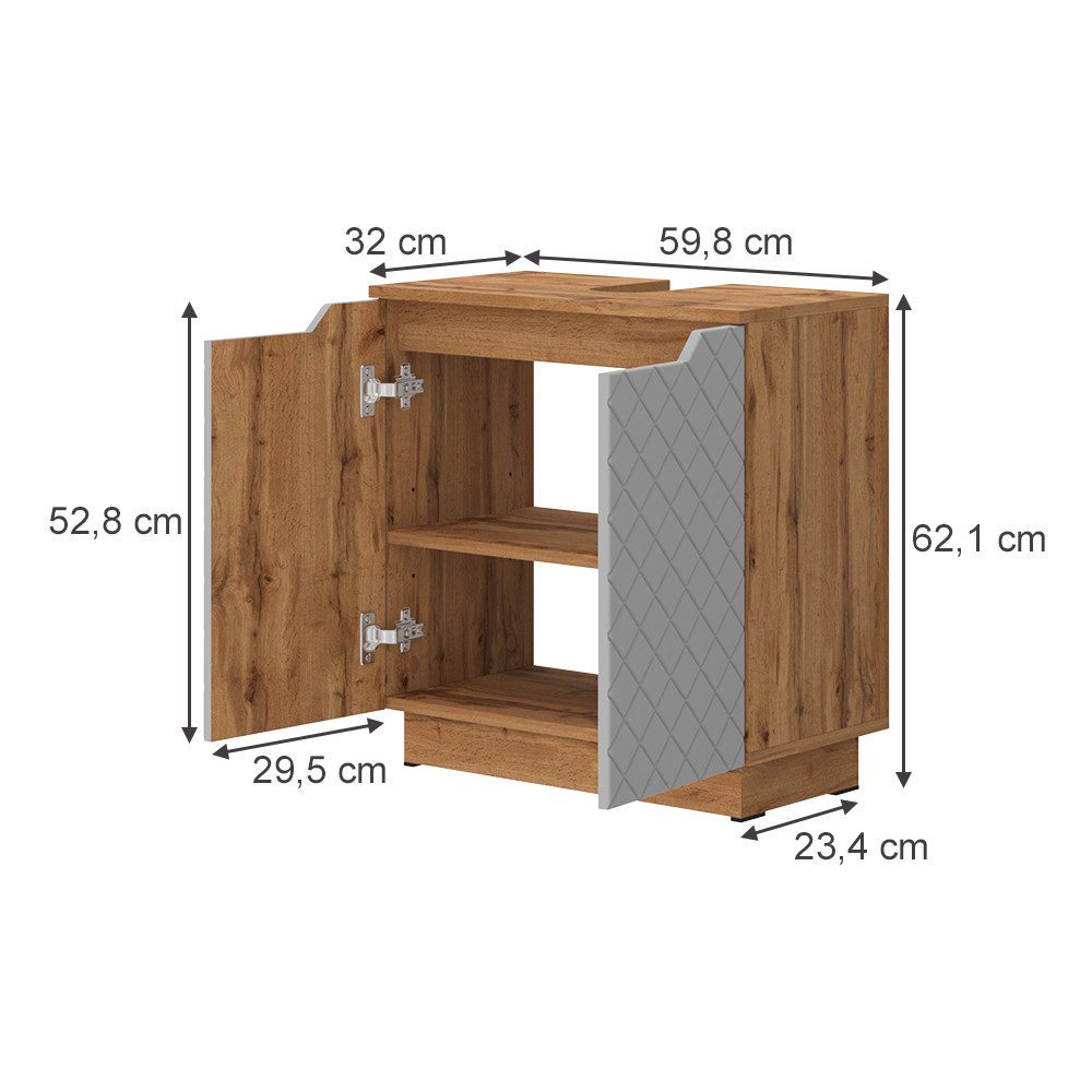 Vicco Waschbeckenunterschrank Lotta, Eiche/Grau mit Kachelstruktur, 59.8 x 62.1 cm mit 2 Türen (1-St)