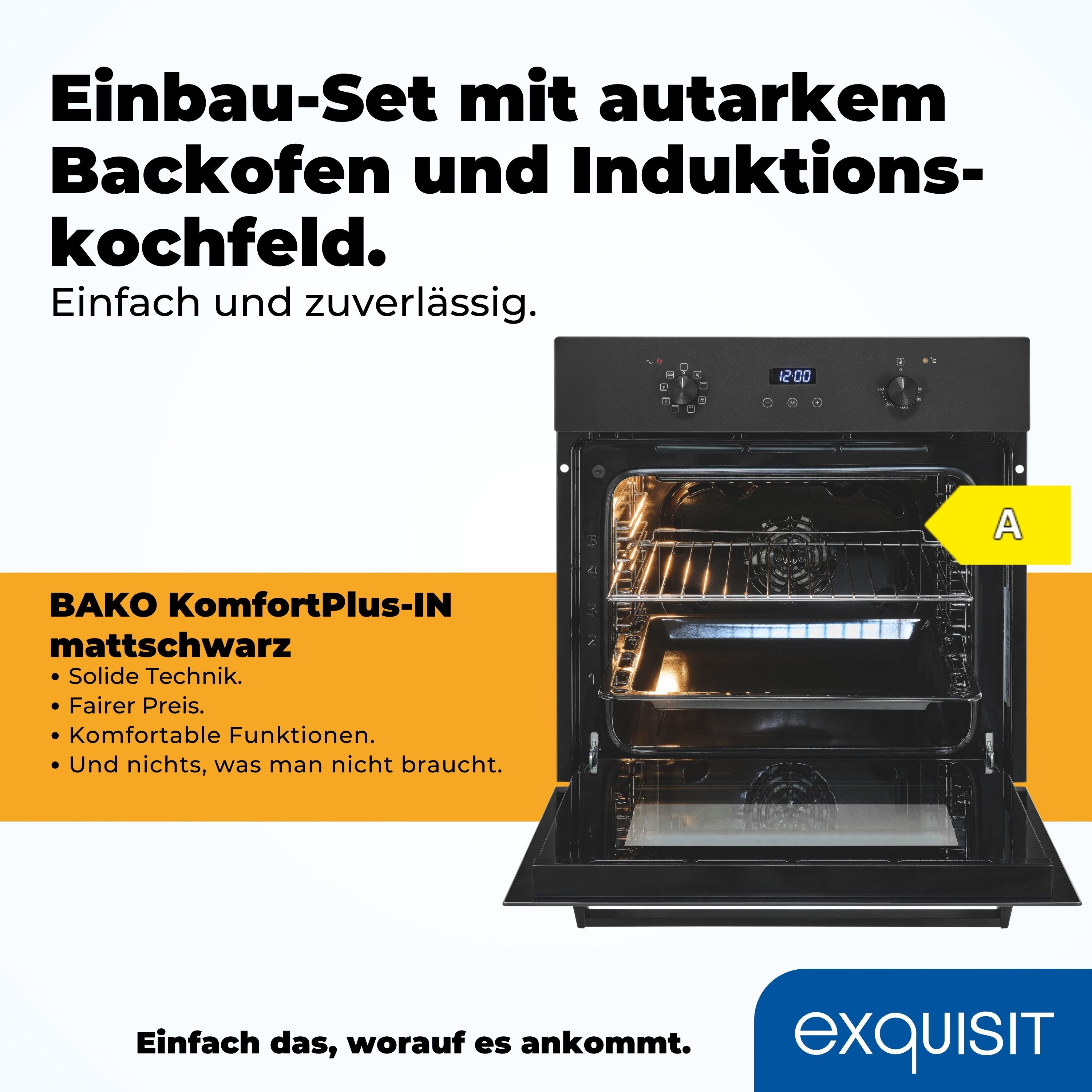 exquisit Backofen-Set BAKO KomfortPlus-In mattschwarz, Elegant und trendig in Mattschwarz, 160°Frittieren auf dem Kochfeld