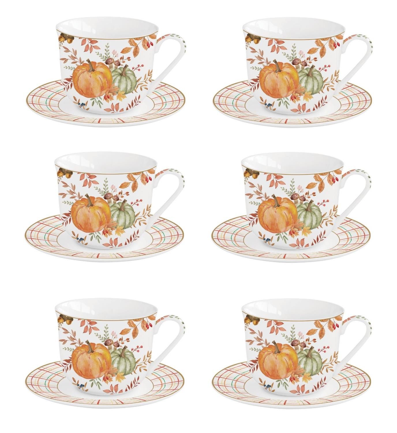 EasyLife Tasse Harvest, Porzellan, Spülmaschinengeeignet, Mehrfarbig, Kürbis, Blätter + Karos, H: 9.5cm