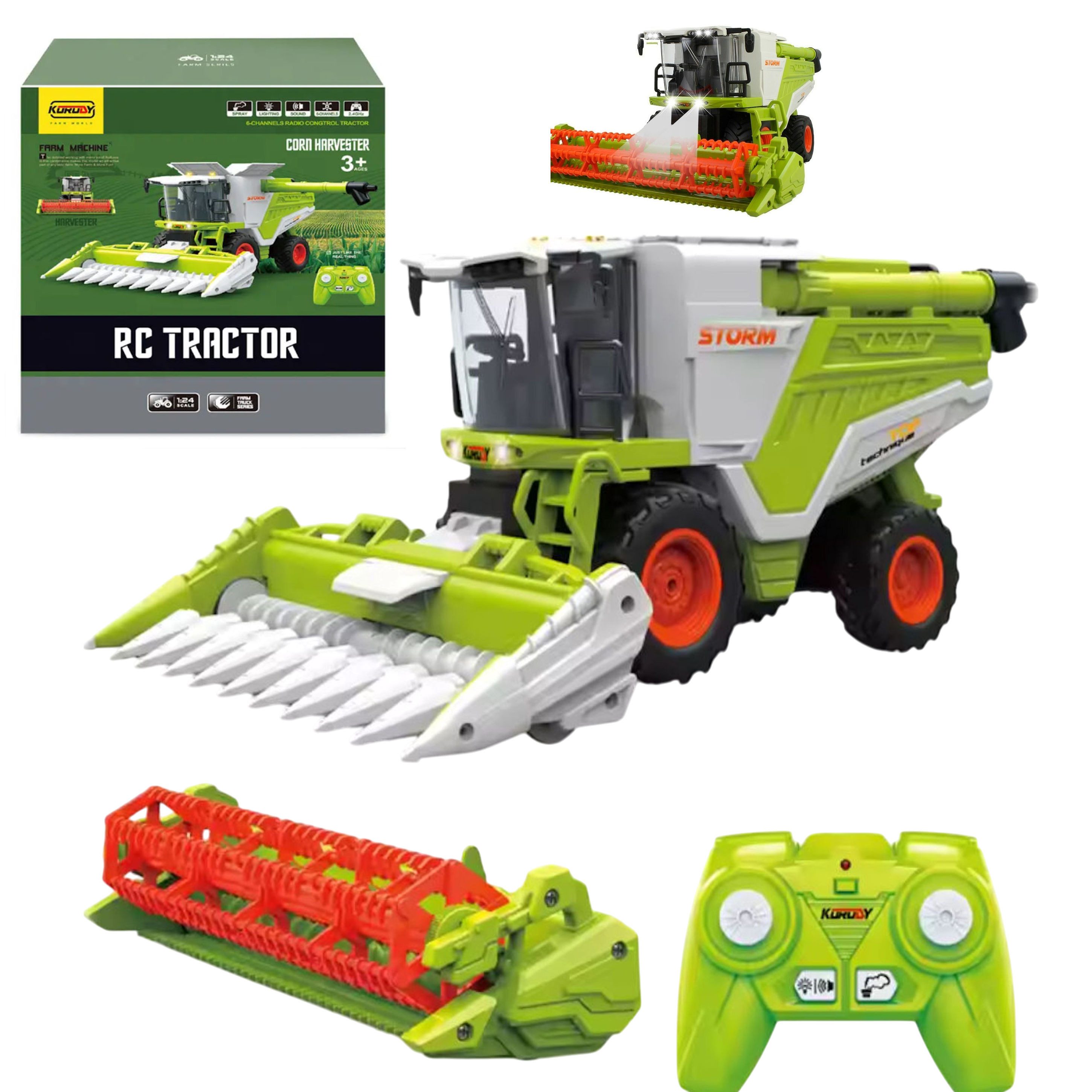 COIL RC-Traktor Bauernhof Traktor, Mähdrescher Truck, Bauernhofspielzeug (Modell: 3605, Ferngesteuert, 6-Kanal Funk-Traktor), Maßstab: 1:24, Frequenz: 2,4 GHz, Ton, Licht, Rauchgenerator