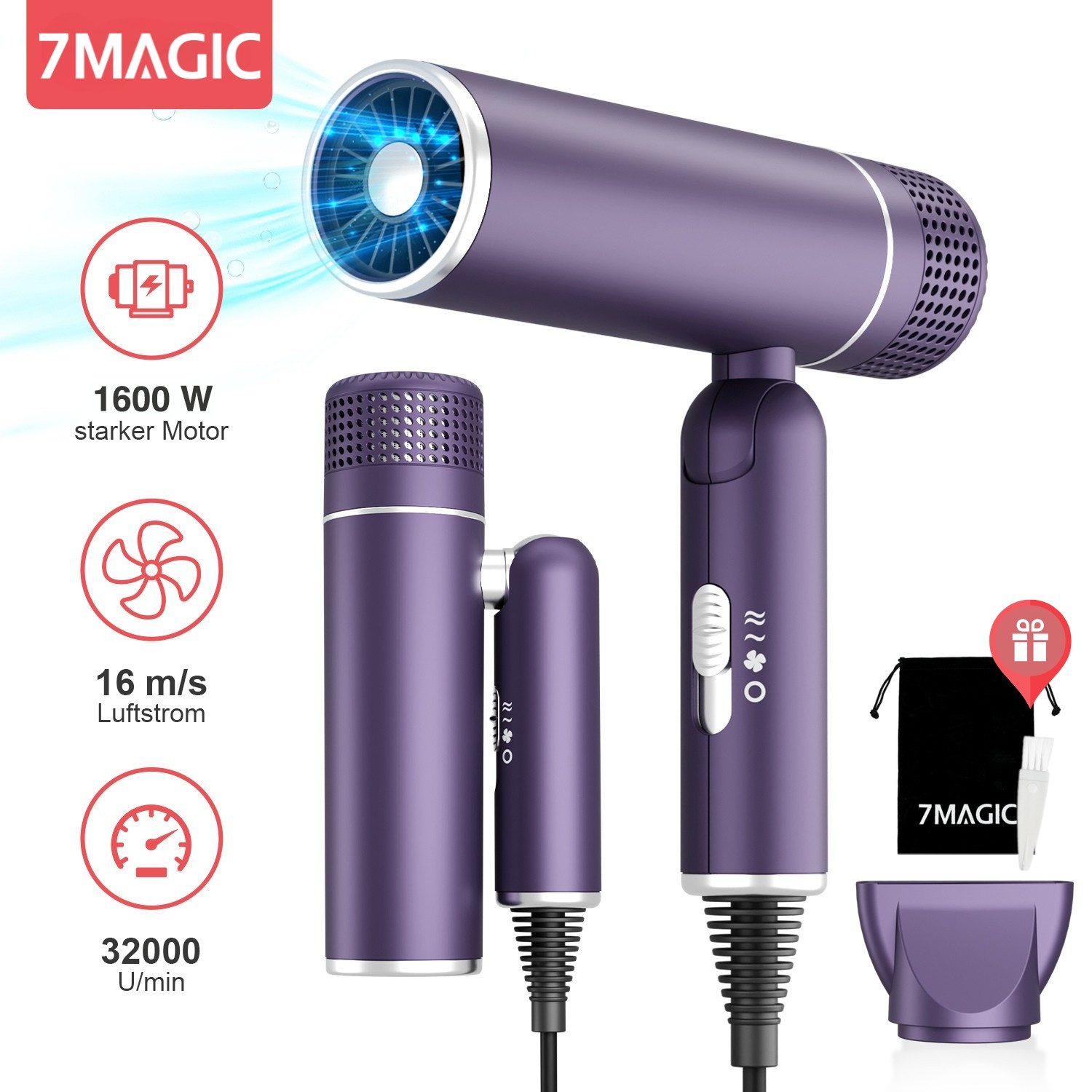 7MAGIC Фены Faltbarer Ionen Reiseföhn, 1600,00 W, Anti-Frizz, 3 Temperaturstufen, 2 Luftstärken, für Urlaub & Alltag, mit Stylingdüse oder Diffusor, ultraleicht & platzsparend