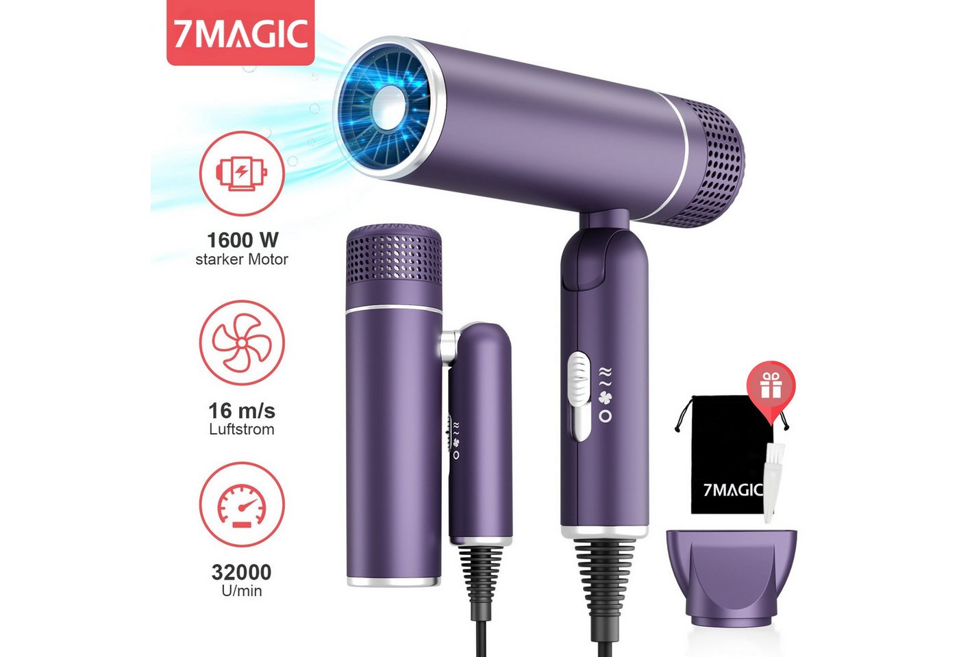 MCURO Haartrockner Faltbarer Ionen Reiseföhn, 1600,00 W, Anti-Frizz, 3 Temperaturstufen, 2 Luftstärken, für Urlaub & Alltag, mit Stylingdüse oder Diffusor, ultraleicht & platzsparend