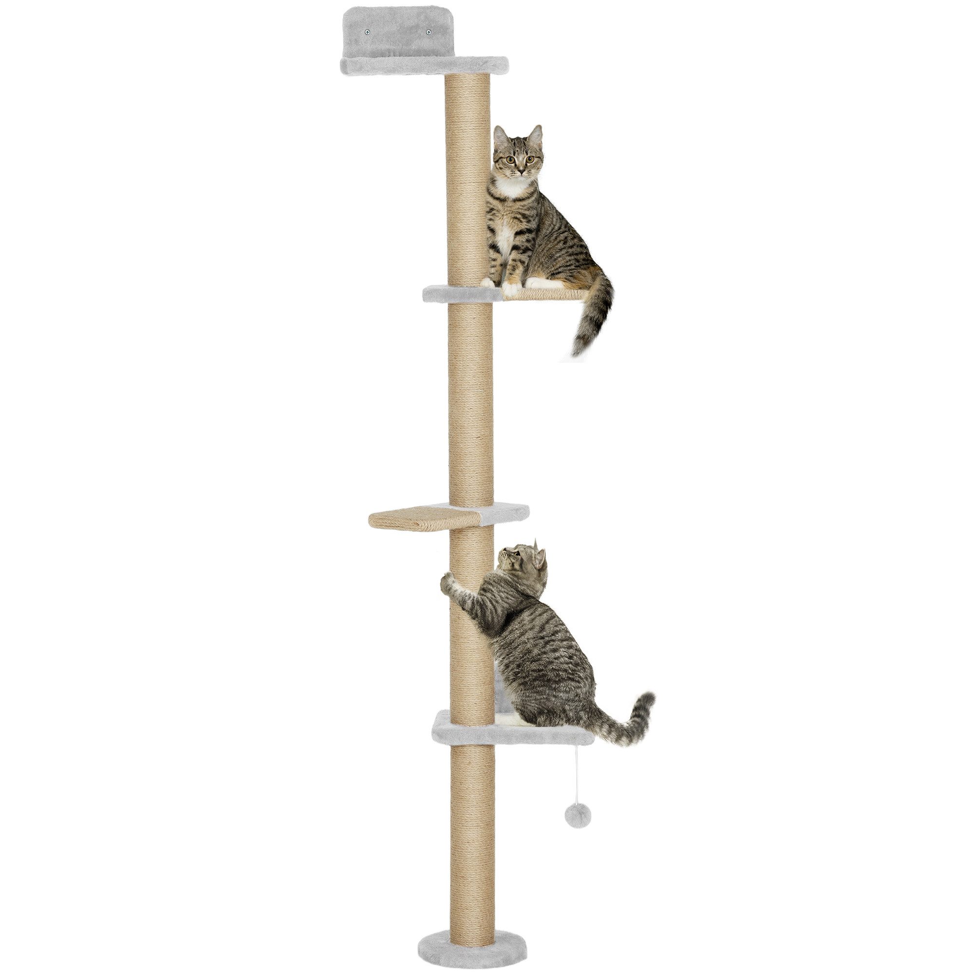 PawHut Kratzbaum Sisalpfosten, Plüschstoff, Wandmontiertes Design, 5-stufiges Design, Hellgrau