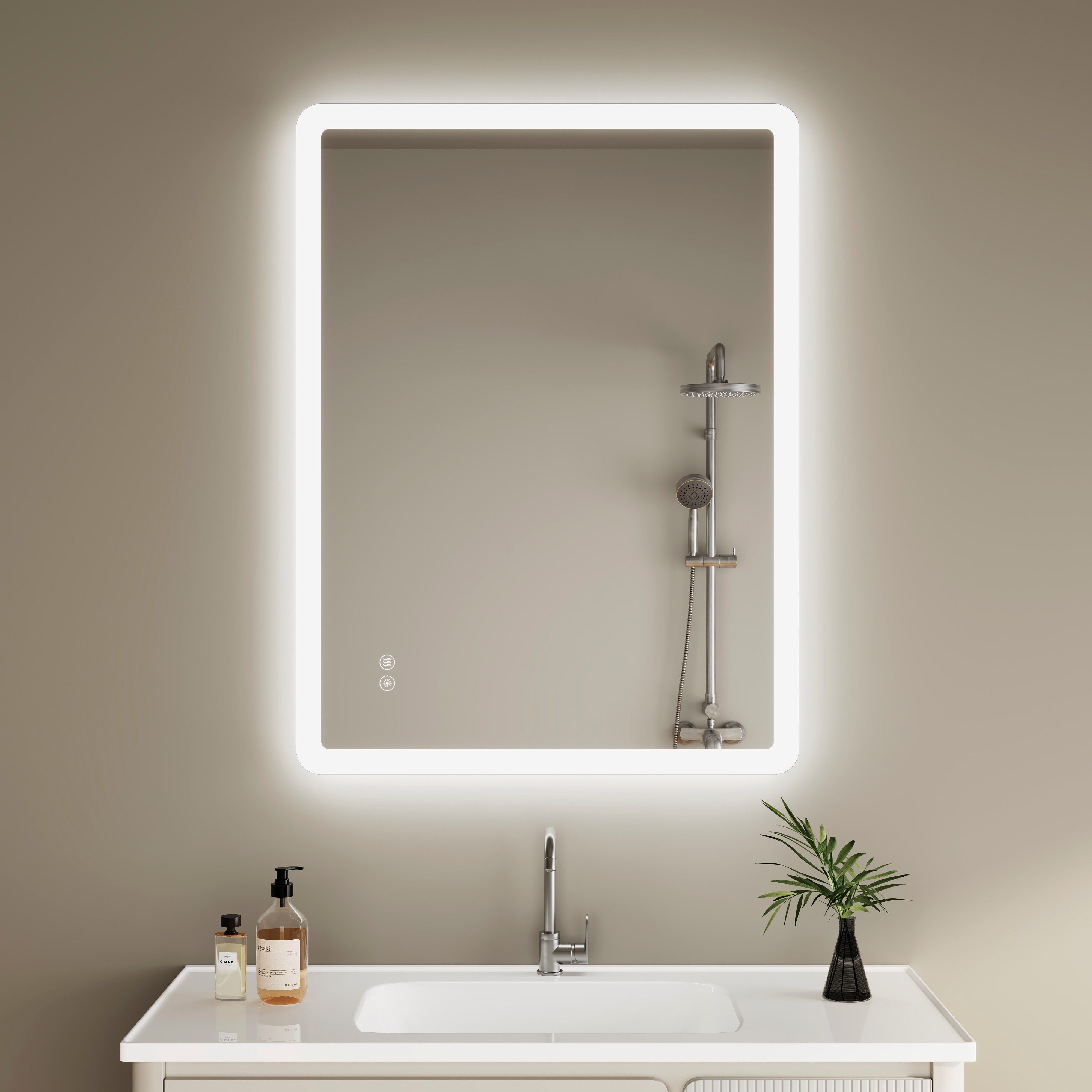 IMPTS Badspiegel Badezimmer Wand spiegel mit Beleuchtung Dimmbar-Funktion (Set, 3 Farben, IP44, Anti-Beschlag, Dimmbar, Vertikal/Horizontal Montage), Wandspiegel mit 3 Farben Dimmbar Anti-Beschlag Speicher Funktion