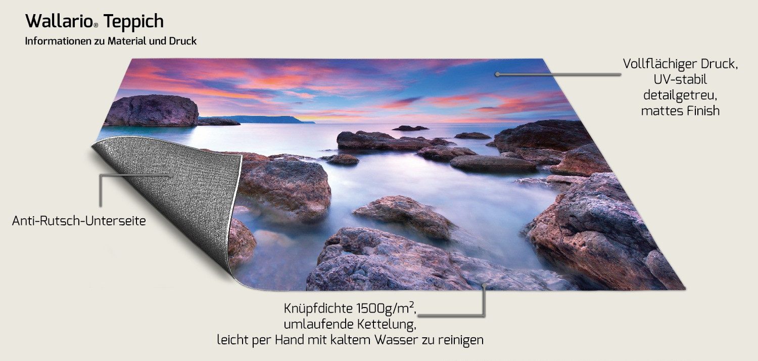 Wallario Teppich Seelandschaft in blau und rot mit großen Felsen, rechteckig, rutschfest