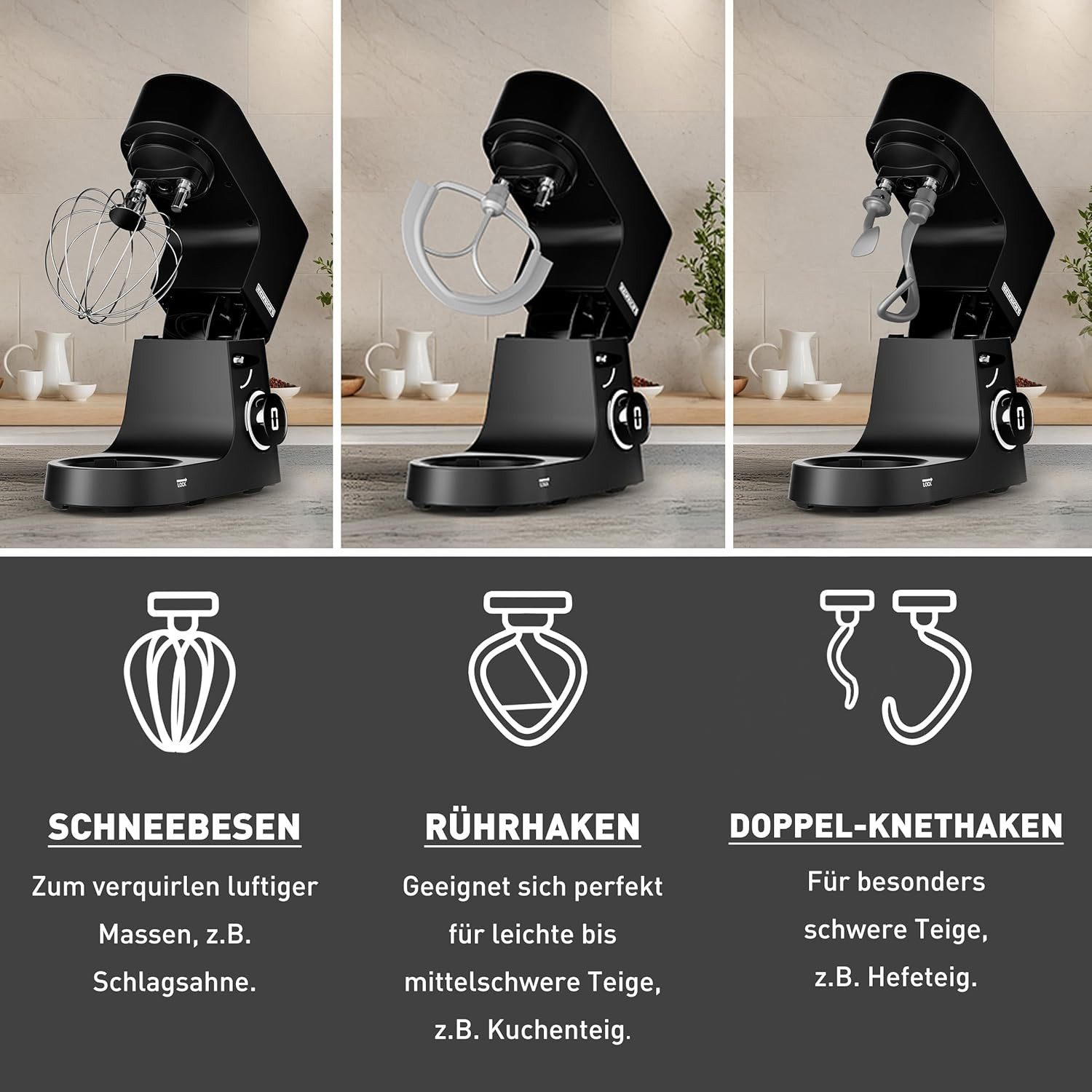 Heinrich´s Küchenmaschine HKM 8080 Schwarz, 2500 W, 8 l Schüssel, 2500W, 8L Edelstahl, 8 Geschwindigkeiten – Bild 4 von 5