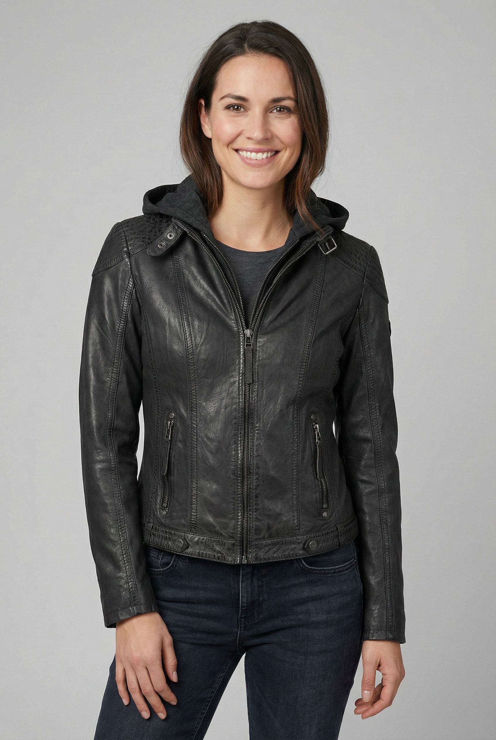 Mauritius Lederjacke Cacey LEGV mti Kapuze, Reißverschluss, Ziersteppung