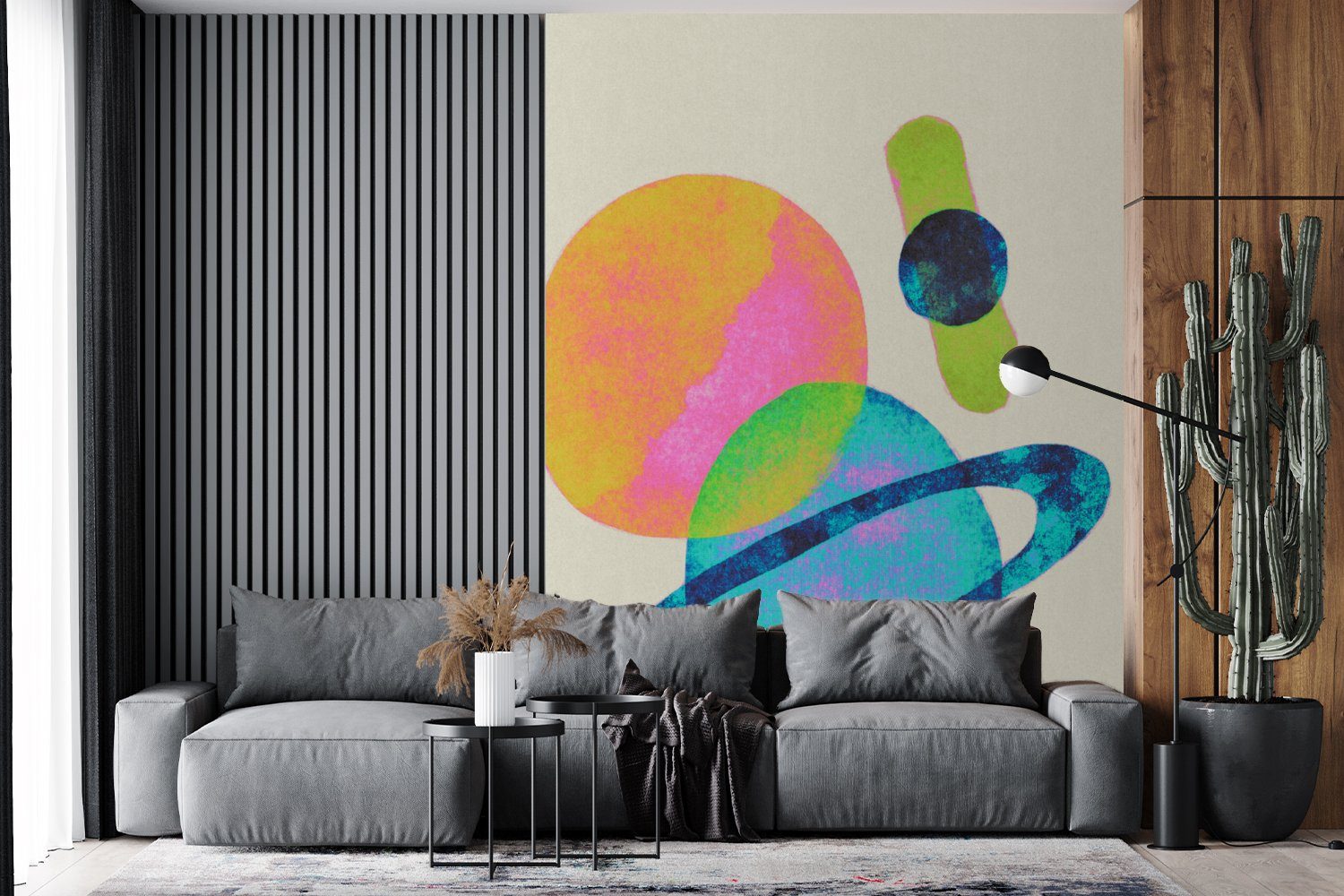 MuchoWow Fototapete Matt, bedruckt, Tapete für Abstrakt - Wandtapete Neon Farbe, - Planeten - Wohnzimmer, (4 St), Montagefertig Vinyl