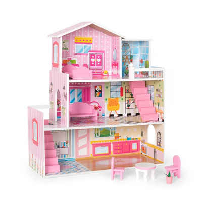 WISHDOR Puppenhaus Puppenhaus Spielset Hölzernes mit Möbeln und Zubehör Puppenhausmöbel, (Mit Schlafzimmer Wohnzimmer Esszimmer Badezimmer, 60.00(CM) x24.00(CM) x 70.00 (CM)LxWxH Pink), mit Zubehör für Puppen zwischen 7-12 cm, süßes großes Traumhaus, 3+