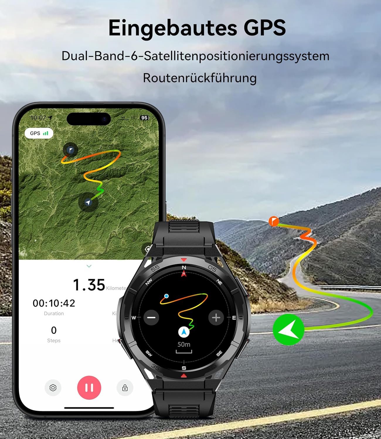 OUKITEL Herren's GPS - 5ATM Wasserdicht Militär Fitnessuhr Smartwatch (1,43 Zoll, Android/iOS), Kompass Luftdruck, 480mAh Akku 100+ Sportmodi, mit AMOLED Display Herzfrequenz Oxymetrie Schlafüberwachung