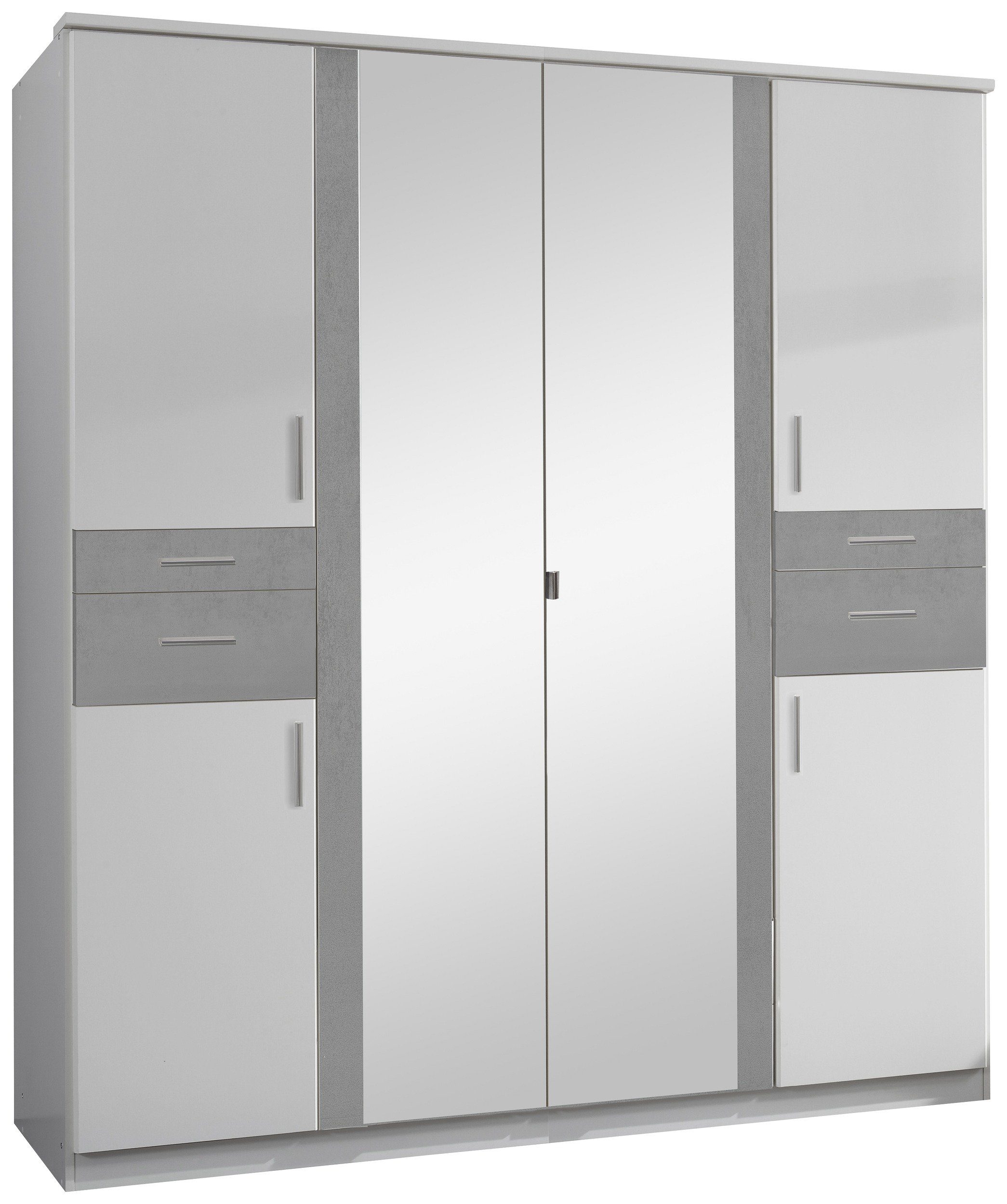 (Kleiderschrank, Drehtürenschrank viel Schubladen, Weiß Stylefy - Modern Embu Spiegel, Optik Mehrzweckschrank) Stauraum mit Beton aus Holzwerkstoff, mit Design, 5-türig,