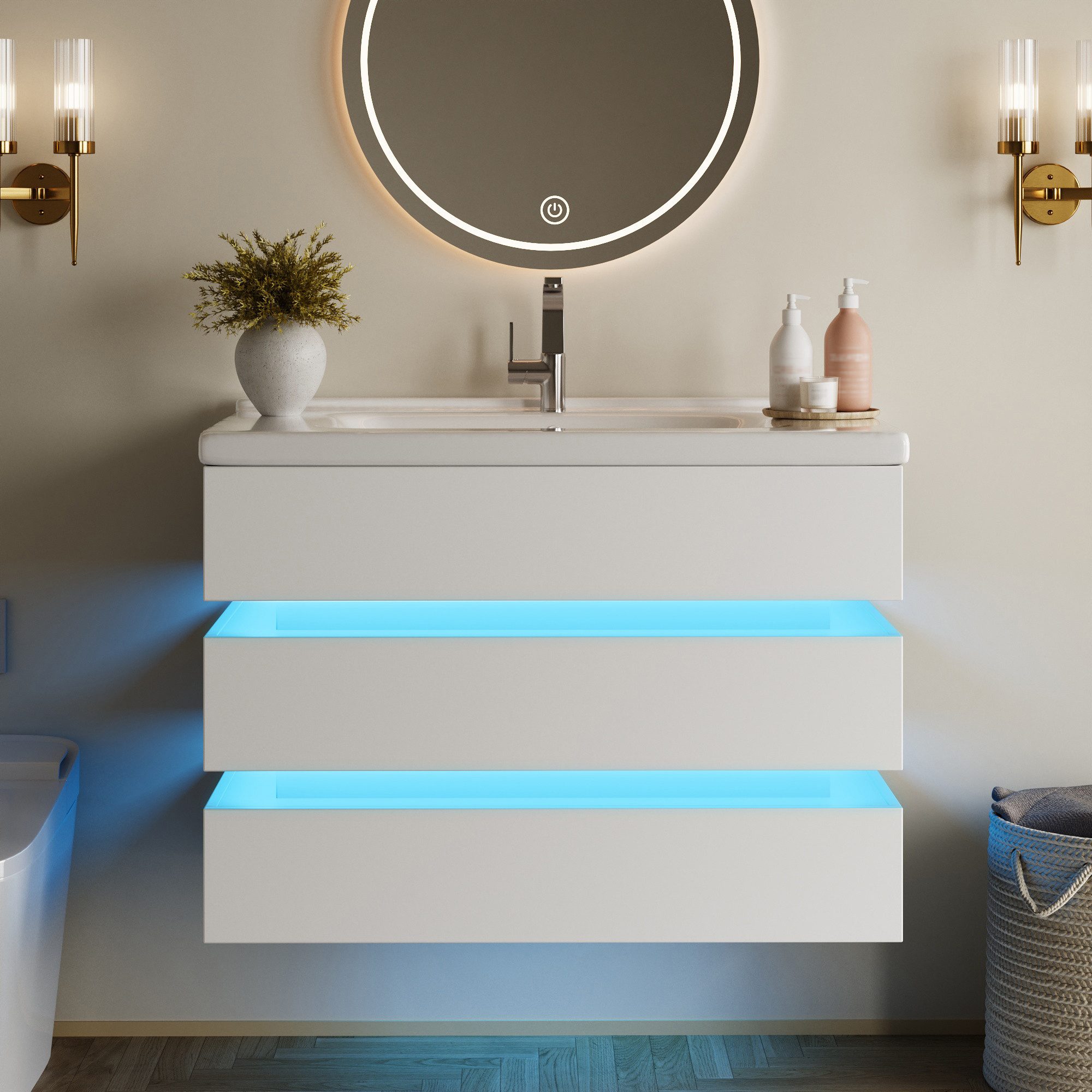 Flieks Waschtisch mit LED-Beleuchtung, Waschbeckenunterschrank inkl. Waschbecken (B81/T47,5/H57 cm, 1-St., wandhängend Badzimmerschrank & rechteckig Keramikbecken), Badmöbel-Set Badezimmerschrank mit 2 Soft-Close Schubladen Weiß