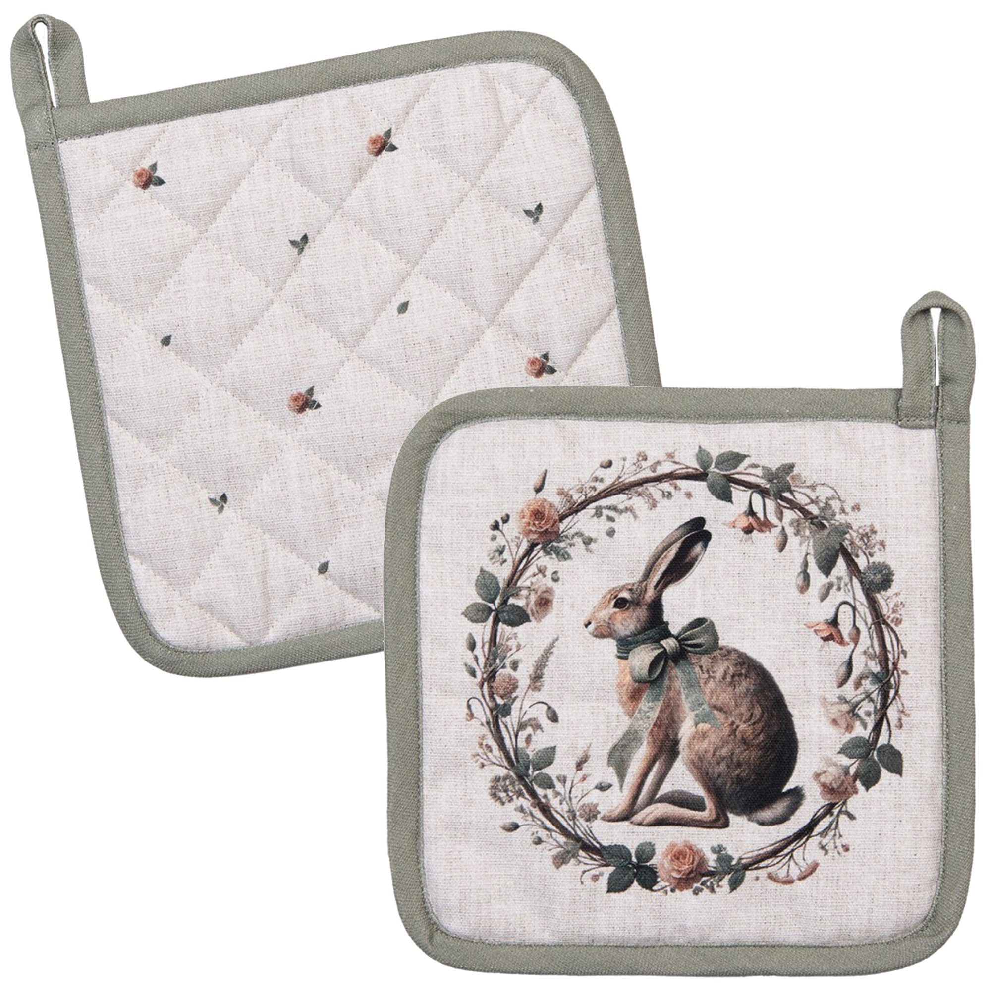 Clayre & Eef Topflappen Natural Linen Easter, (2-tlg., 2-teilig), hitzebeständig wattiert Pfannen Untersetzer ca.20x20cm