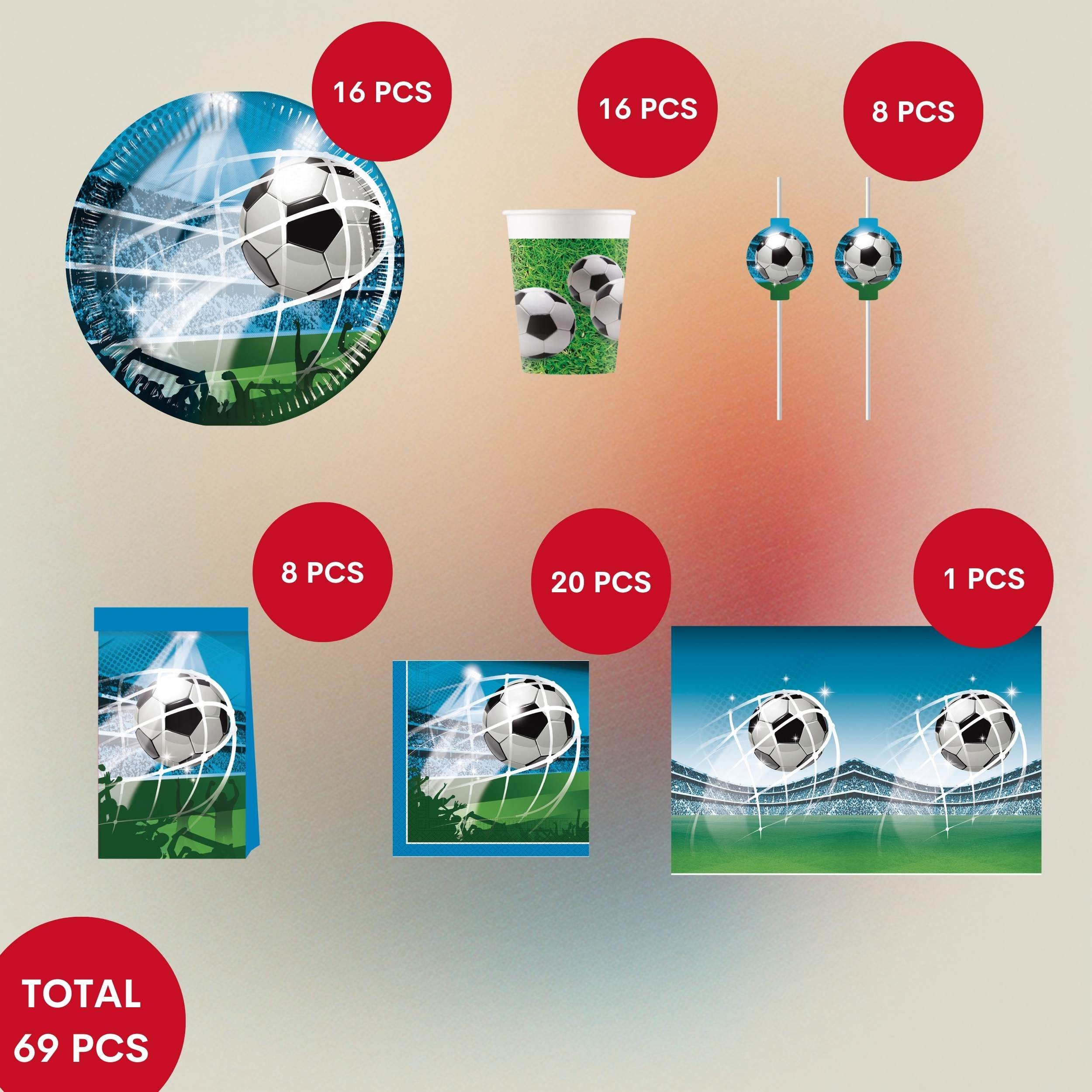 Procos Einweggeschirr-Set 69-tlg. Fußball Fan Party Set für Kindergeburtstag, 16 Personen