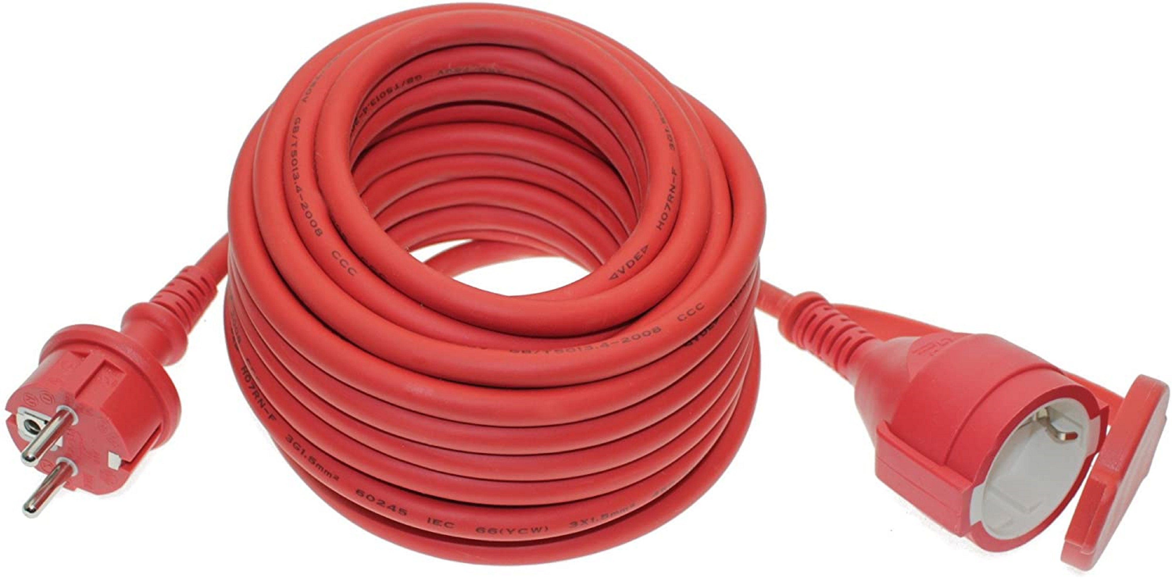 TRANGO Verlängerungskabel, 25MCR IP44 25 Meter Schuko Verlängerungskabel in Rot für Außenbereich – Rasenmäher – Innenbereich - Verlängerung Gummi Kabel - H05RR-F 3G 1,5mm – Outdoorkabel mit integriertem Kinderschutz (2500 cm), Outdoorkabel mit integriertem Kinderschutz