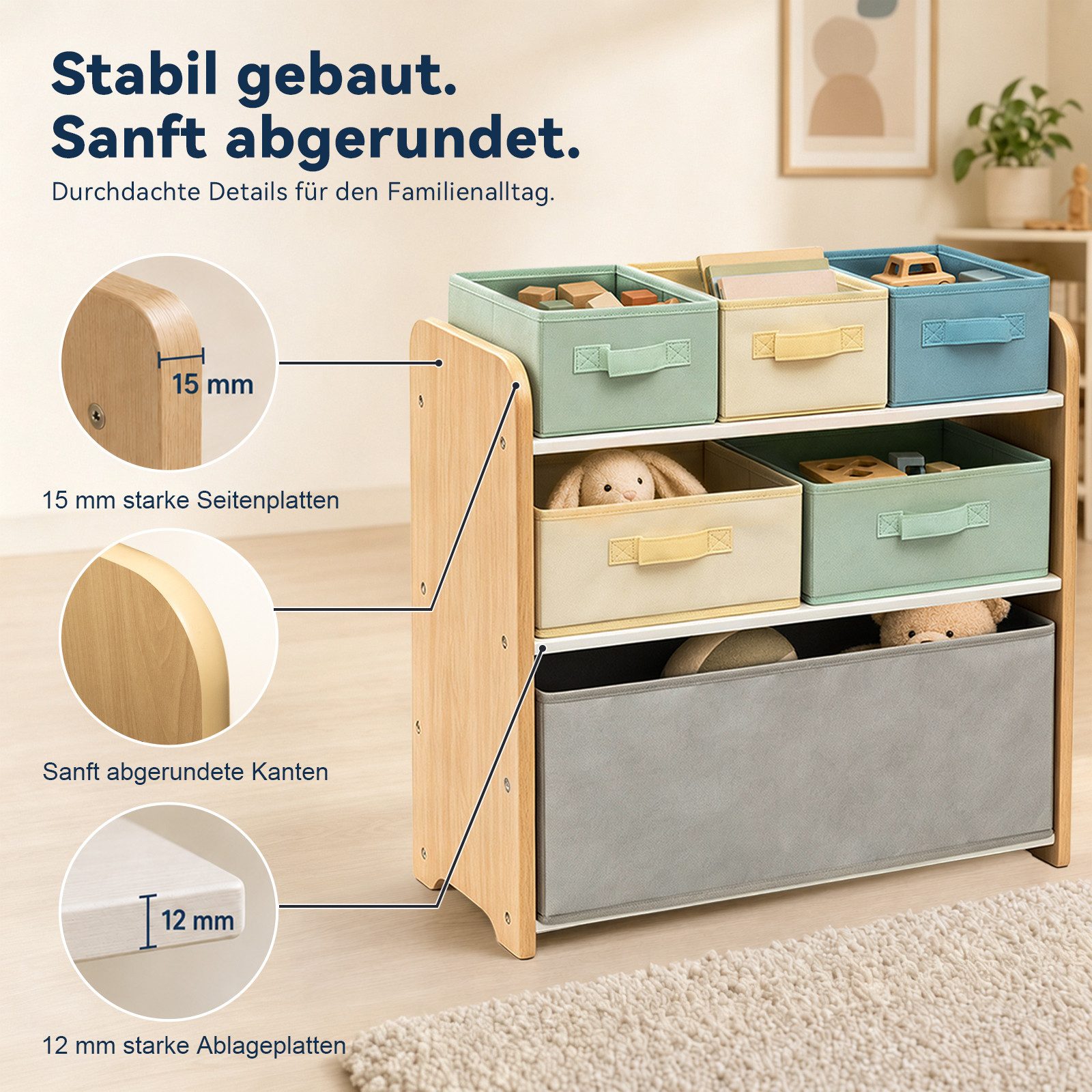 ALVIX Kinderregal NESTA 6, Packung, 6 herausnehmbare Stoffboxen in 3 Größen