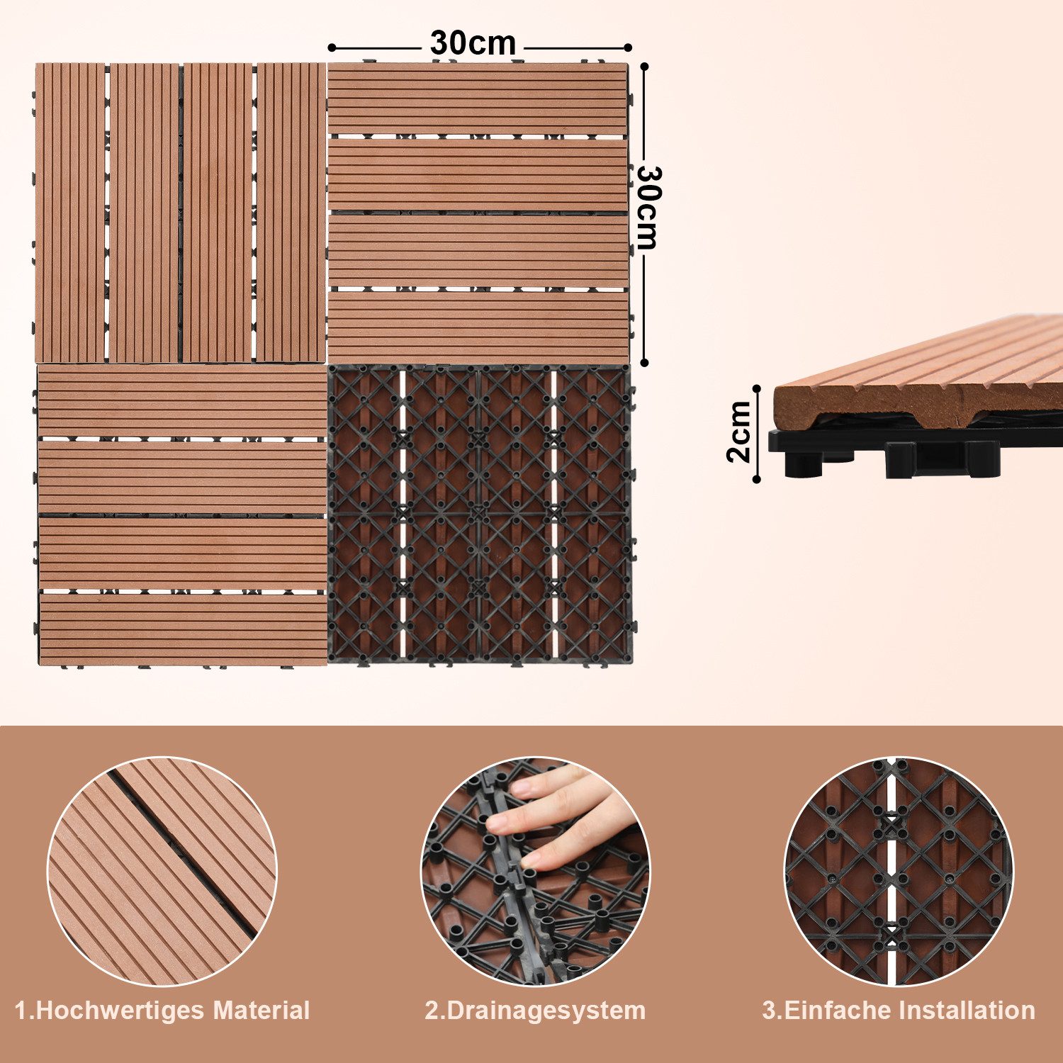 Clanmacy Holzfliesen WPC Terrassenfliesen Holzfliesen 30x30cm günstig online kaufen