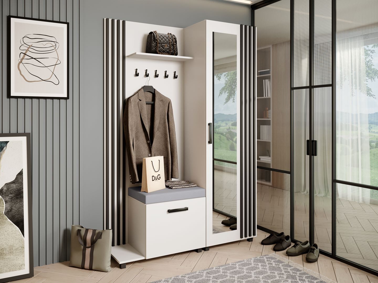 Beautysofa Garderobenschrank Garderoben-Set mit Aufhängern und Spiegel LIVI günstig online kaufen