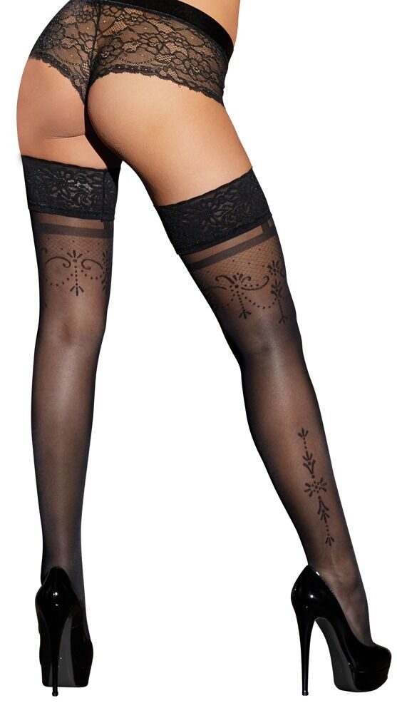 Cottelli LEGWEAR Halterlose Strümpfe Halterlose Strümpfe mit Muster Silikonbund - schwarz (1-Paar) Innen mit rutschfestem Silikonband – Bild 2 von 5
