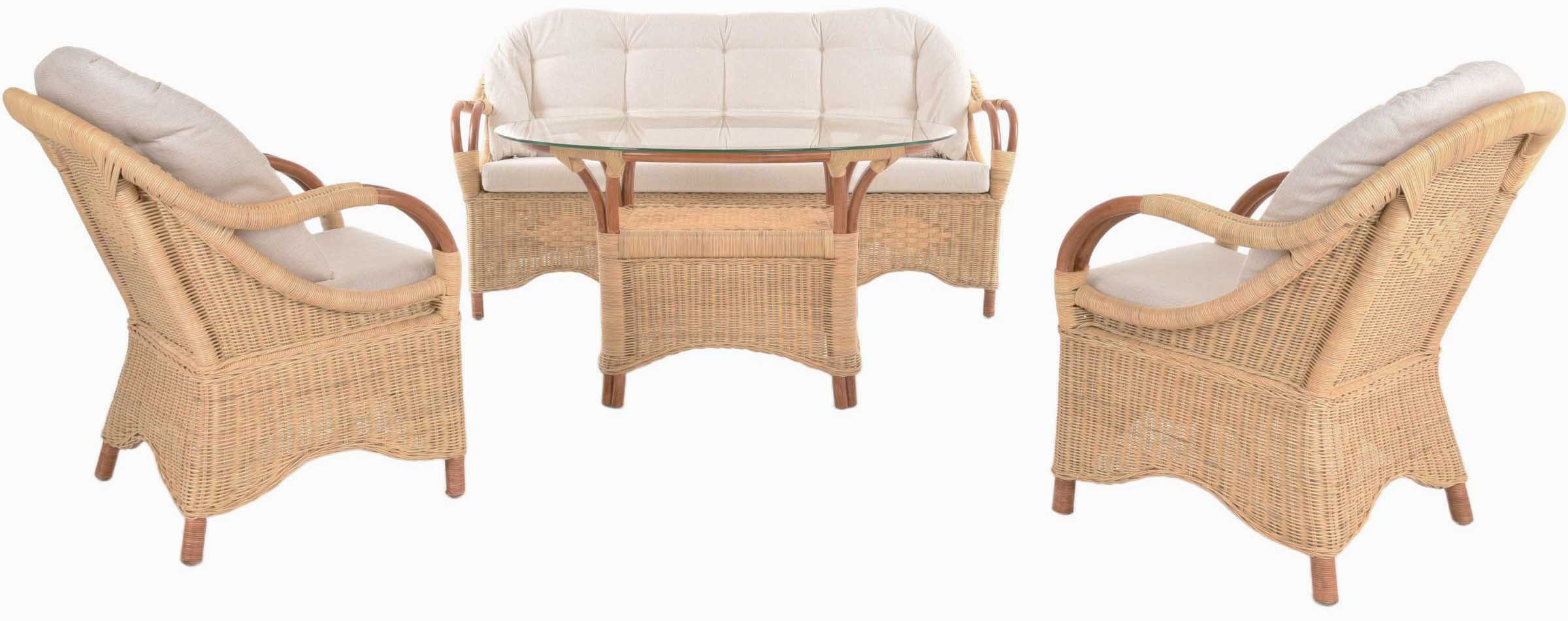 Krines Home Sitzgruppe Rattan Henry Rattanset Wintergarten Wohnzimmer Garnitur Rattanmöbel, (4-tlg., 2x Sessel, 1x Dreisitzersofa, 1x Tisch mit Ablage), Wintergartenset Sitzgruppe 4-teilig mit Dreisitzer