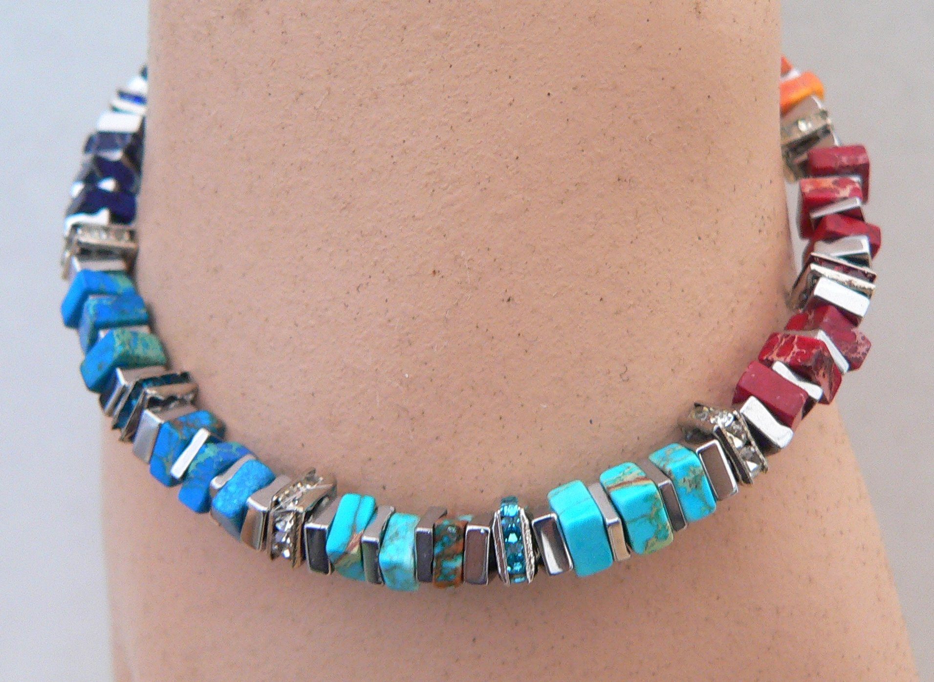 traumschmuck Perlenarmband 224d-a Armband Edelstein Imperial Jaspis Quadrat Strass bunt (Geschenk, Muttertag, Weihnachten, Geburtstag, Valentinstag, incl. Kartonage), Made in Germany