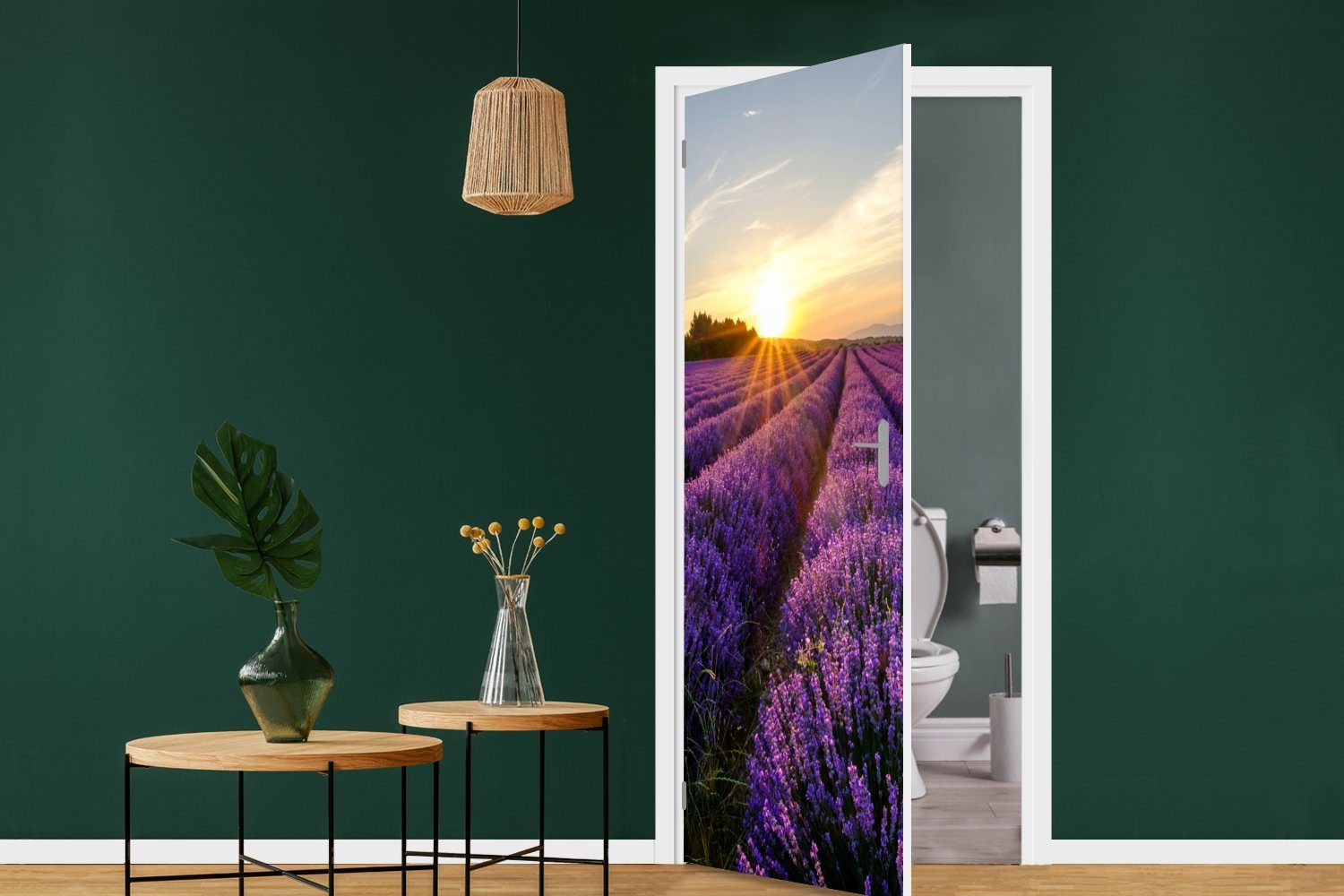 St), cm Lila, bedruckt, 75x205 - Blumen Lavendel Türaufkleber, Sonnenuntergang Fototapete für - MuchoWow (1 Tür, Türtapete - Matt,