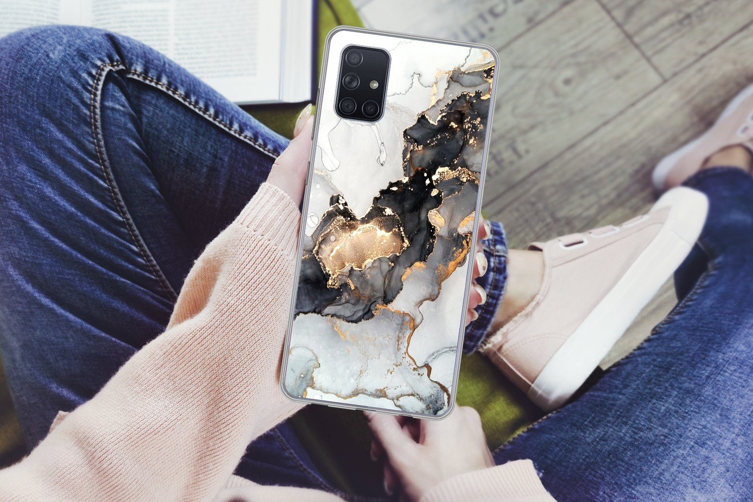 MuchoWow Handyhülle für Samsung Galaxy A71 Marmor - Schwarz - Weiß - Gold - Luxus - Abstra, Phone Case, Silikon, Schutzhülle Dünn